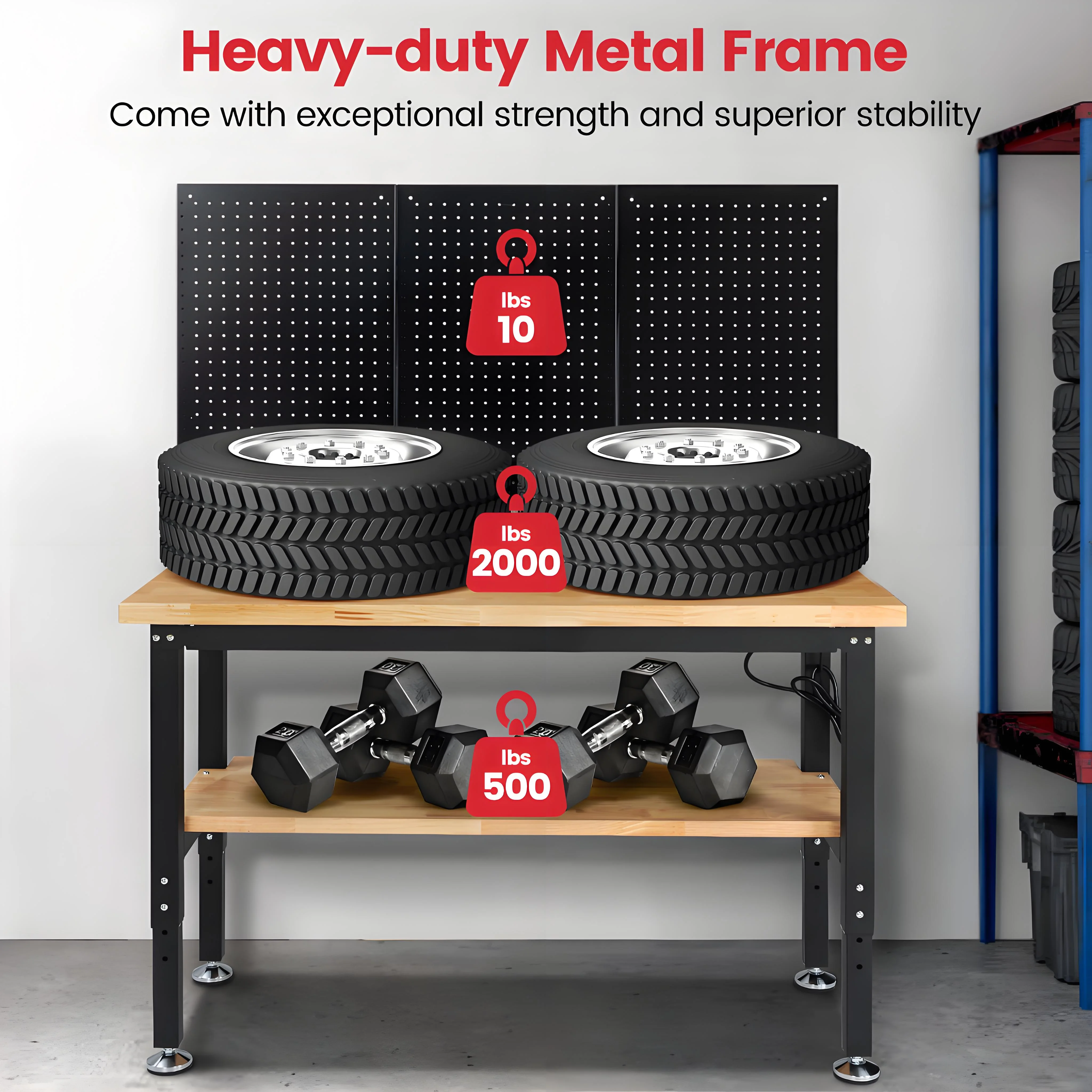 Workbench for Garage,ENJOYWOOD Heavy-Duty 48 inch 2 Tier Wood Work Bench with Storage Pegboards,Rubber Mat,Power Outlets, Rubber Wood Tabletop 2000 LBS Load Bearing Workstation Garage Desk Work Table - Image 8