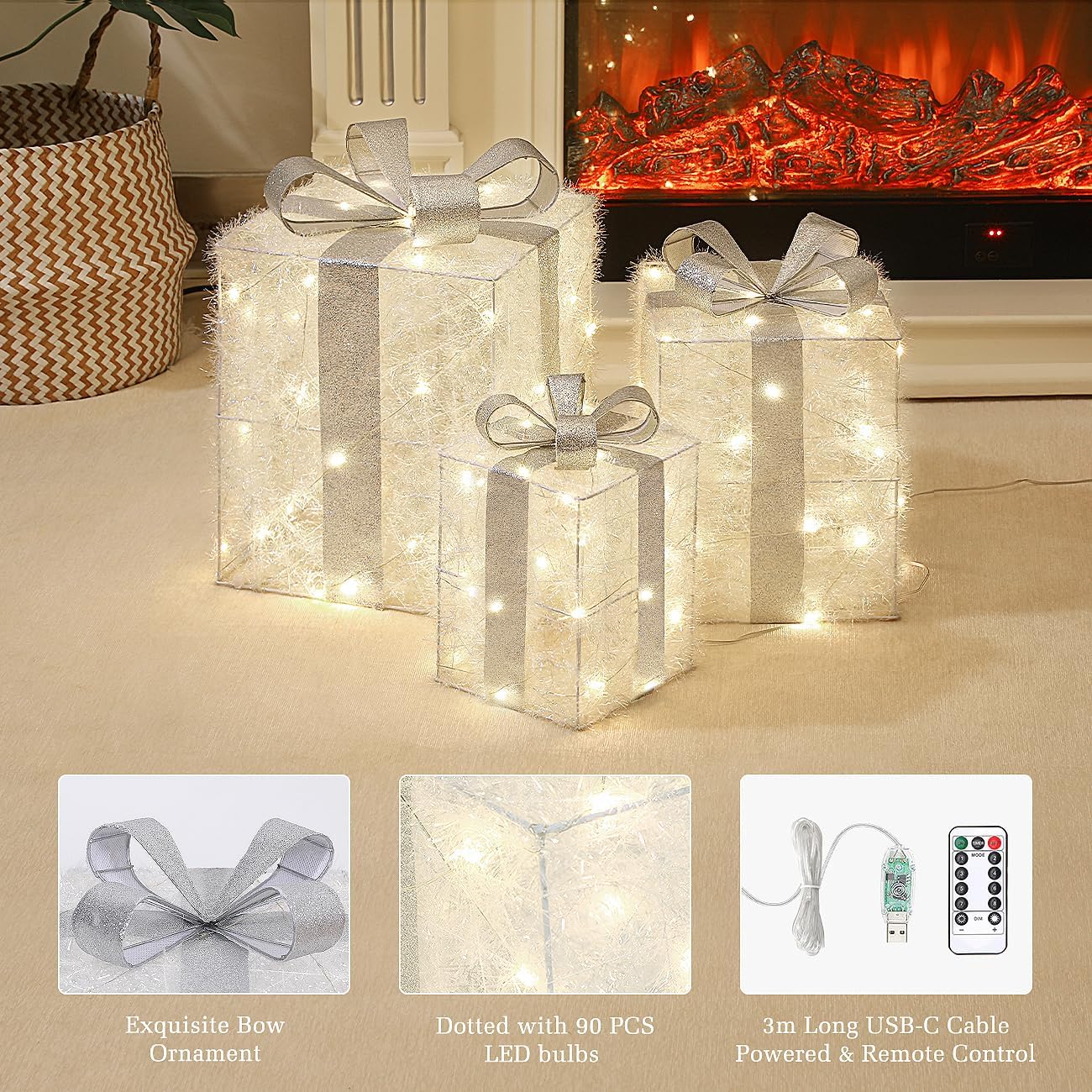 uxspire LED Gift Boxes Set of 3, Battery Operated, Metal Frame, White, 90 LED Bulbs, Indoor/Outdoor - Image 6