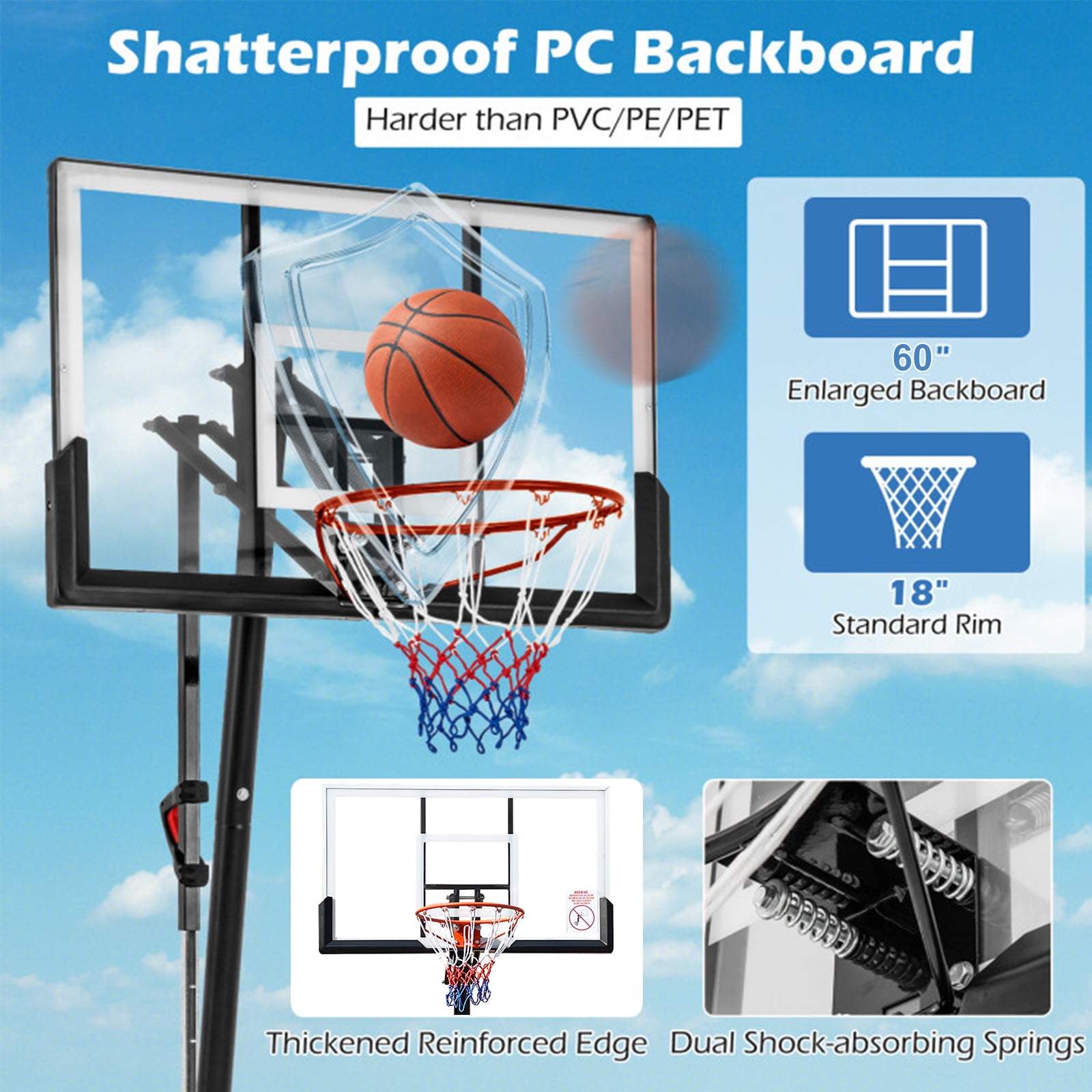 SUGIFT 7.5'-10' Adjustable Height 60" Shatterproof Outdoor Portable Basketball System (Adult) - Image 3