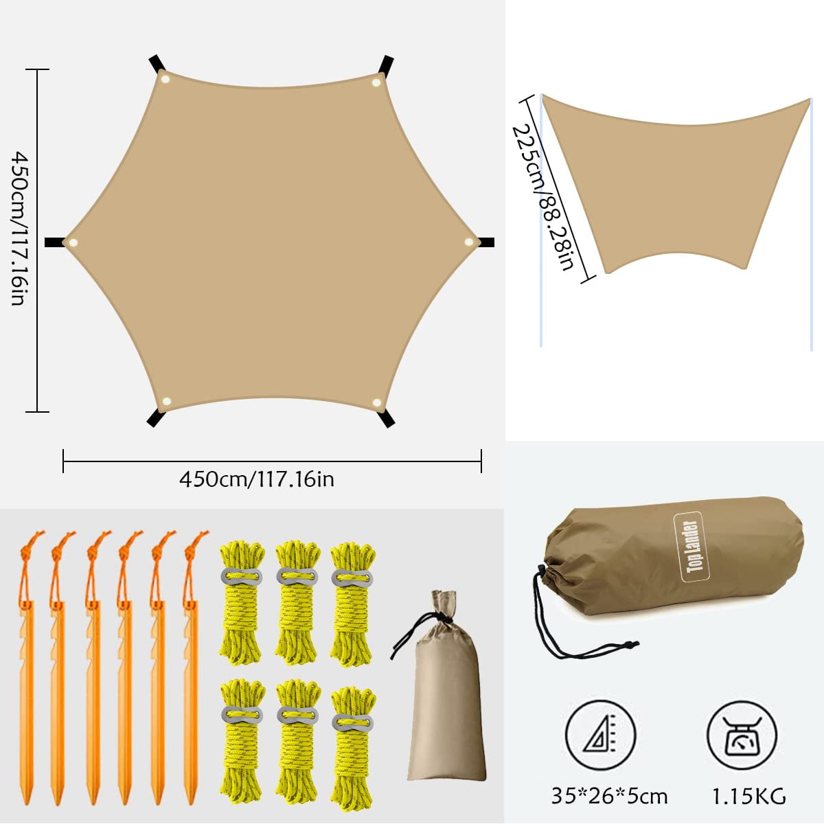 15x15ft Large Camping Tarp Tent Rain Fly Tarpaulin Shelter for Bushcraft Backpacking Outdoor Survival - Image 3