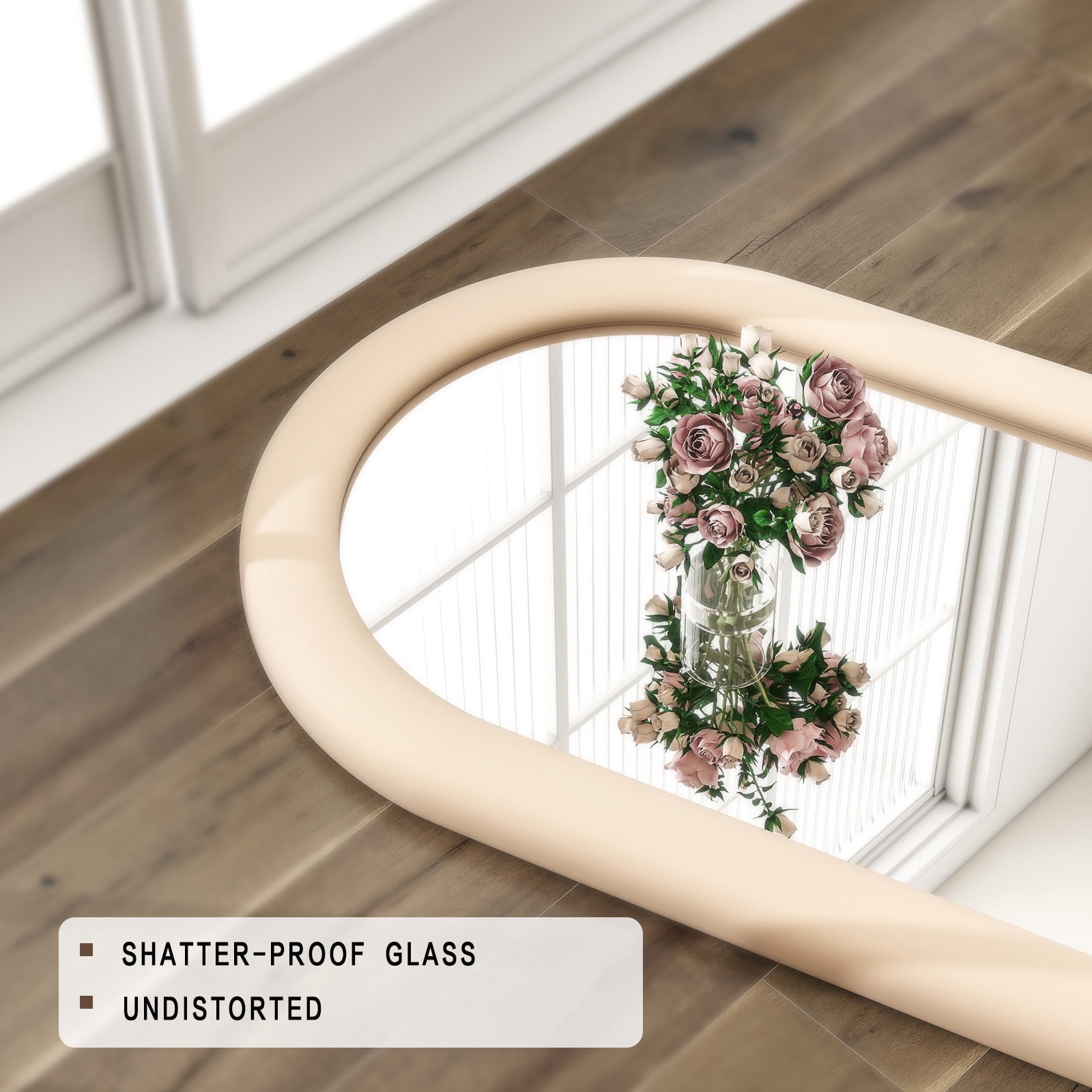 Anyrose 63"x24" Arch-Top Floor Mirror Round-Edge With Thick Flannel Frame, Light Brown - Image 3