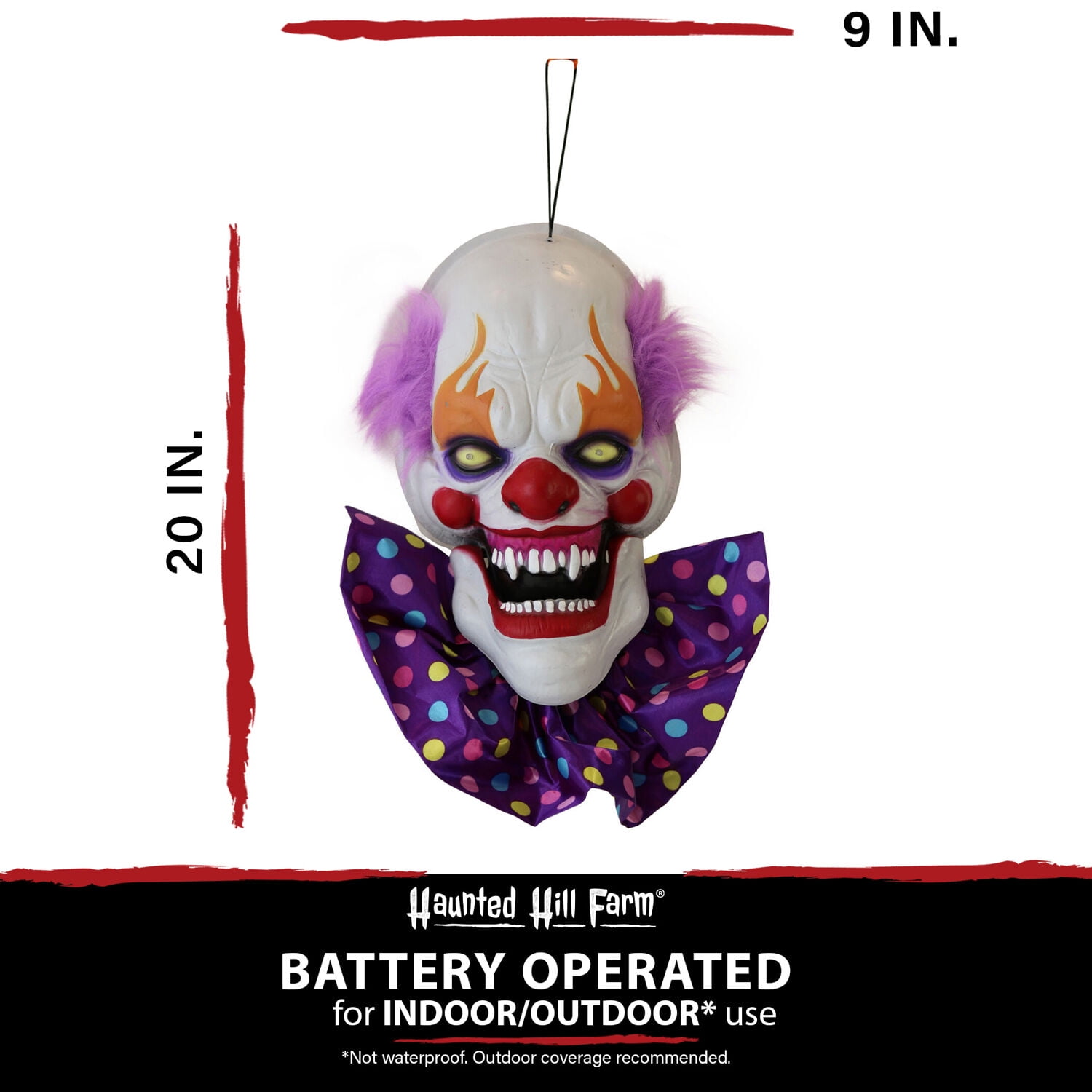 Haunted Hill Farm 20-In. Hanging Talking Clown Head, Touch-Activated with Voice Greetings, Halloween animatronic outdoor, HHDHCLOWN-3LSA - Image 3