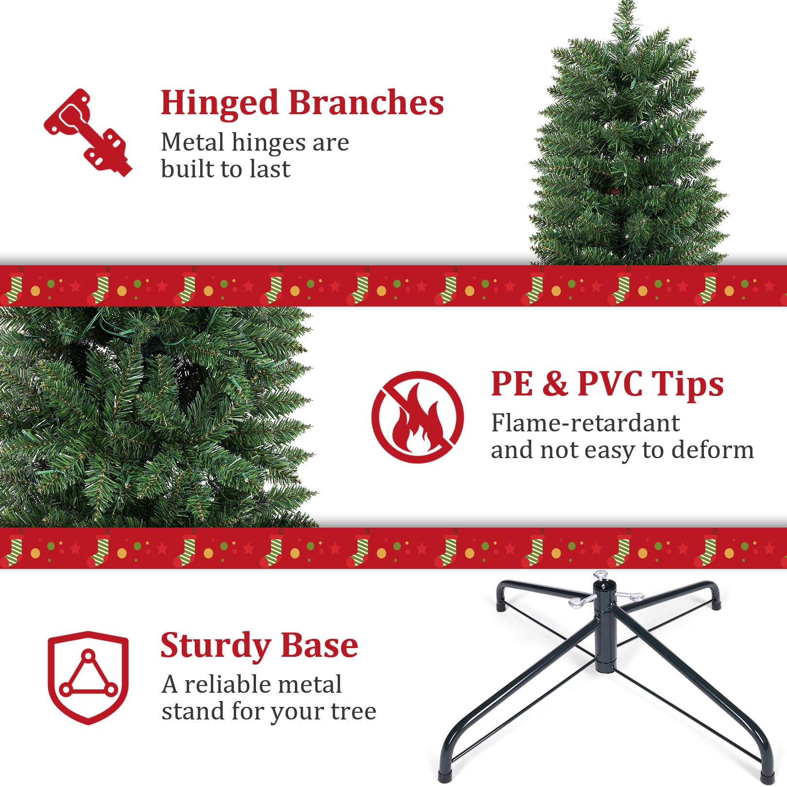 Funcid 6ft Pre-Lit Artificial Hinged Slim Pencil Christmas Tree with 250 Multi-Color Lights, 972 Branch Tips, Metal Hinges & Foldable Base, Green - Image 3
