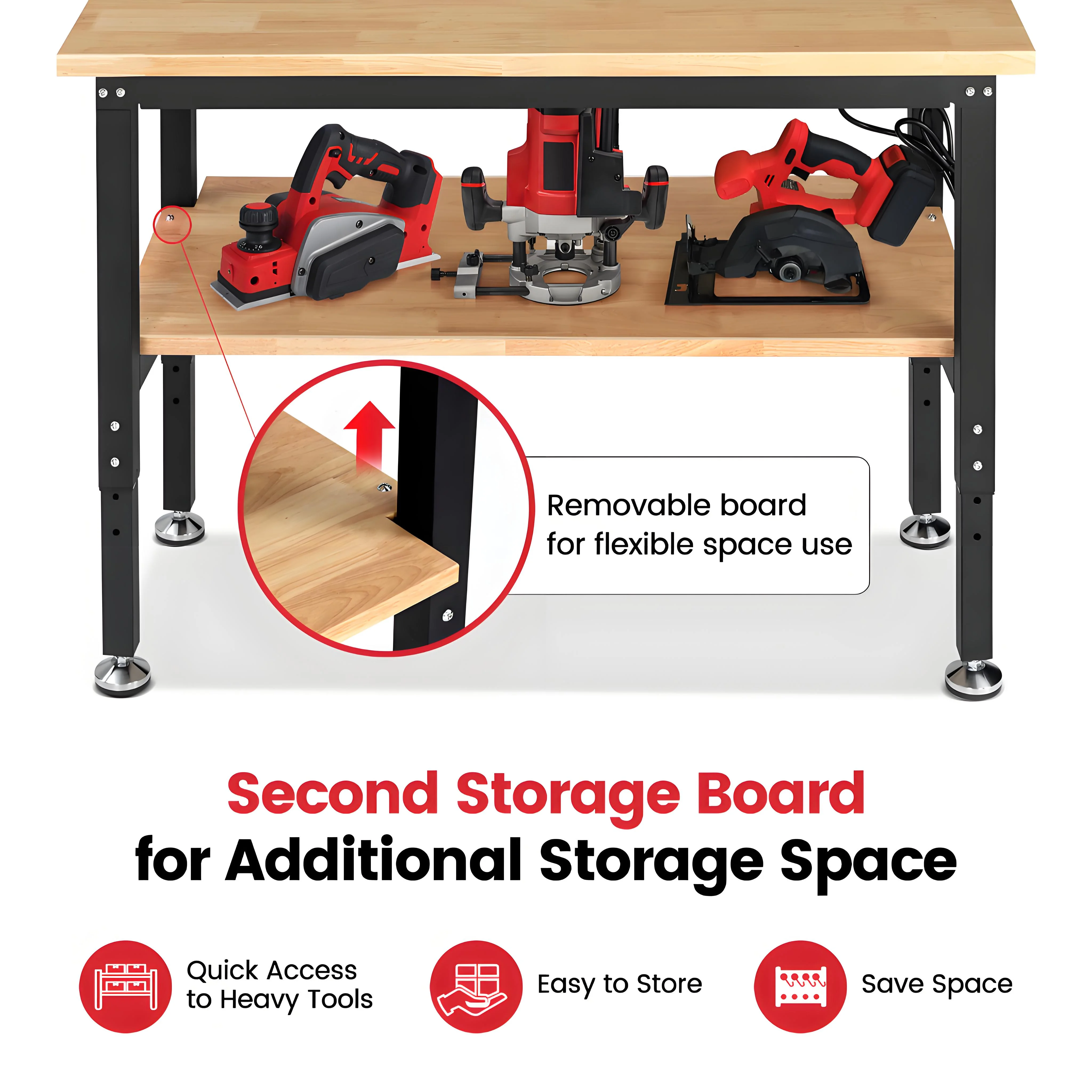 Workbench for Garage,ENJOYWOOD Heavy-Duty 48 inch 2 Tier Wood Work Bench with Storage Pegboards,Rubber Mat,Power Outlets, Rubber Wood Tabletop 2000 LBS Load Bearing Workstation Garage Desk Work Table - Image 7