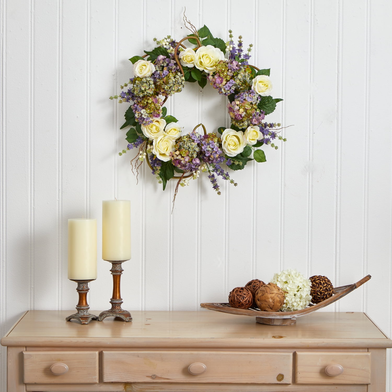 Nearly Natural 24" Hydrangea Rose Wreath - Image 3