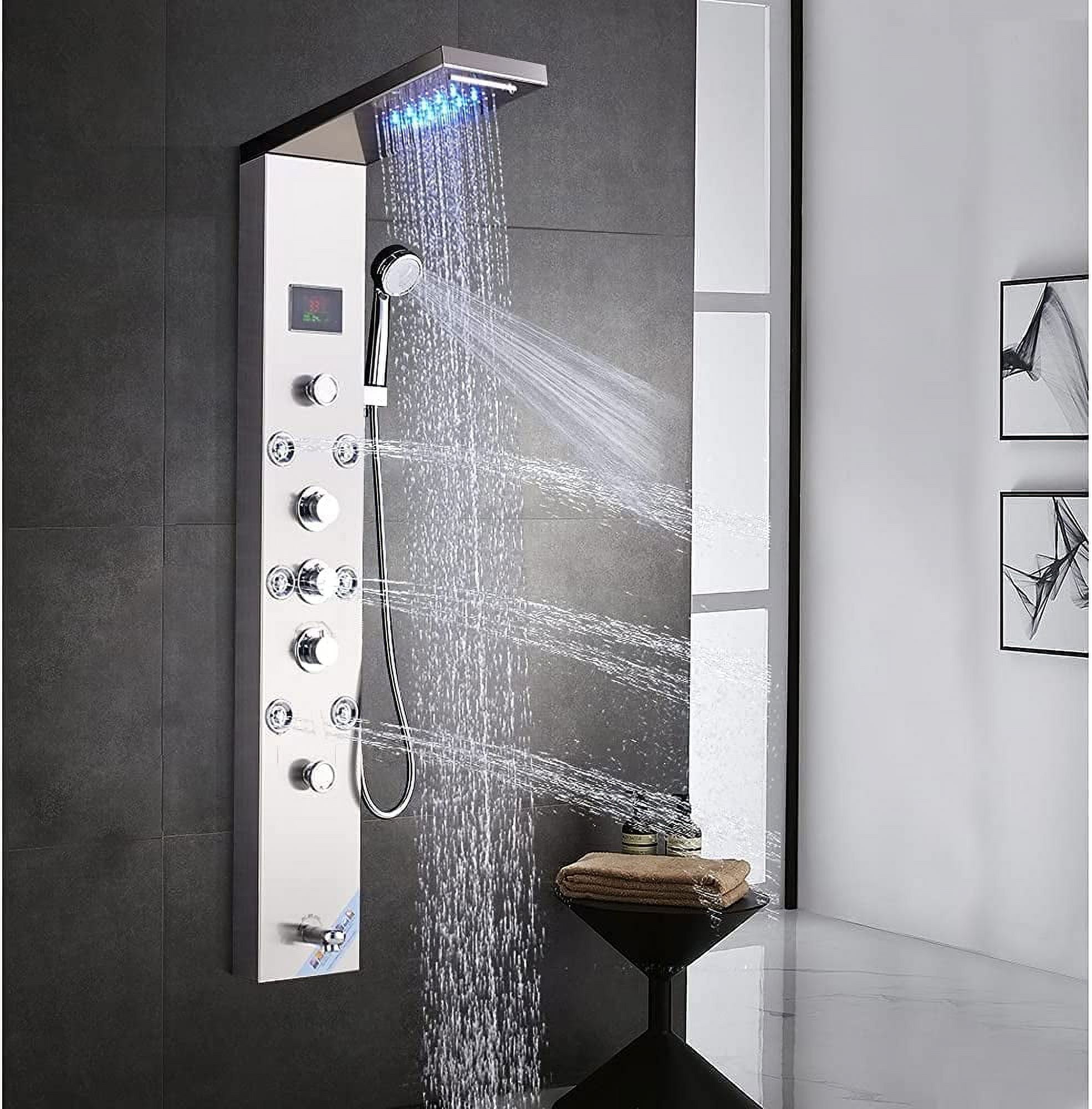 Zovajonia LED Shower Panel Tower System , 6-Functions Stainless Steel Shower Tower ,Waterfall Showerhead,Shower Jets, Rain Shower System Brushed Nickel - Image 4