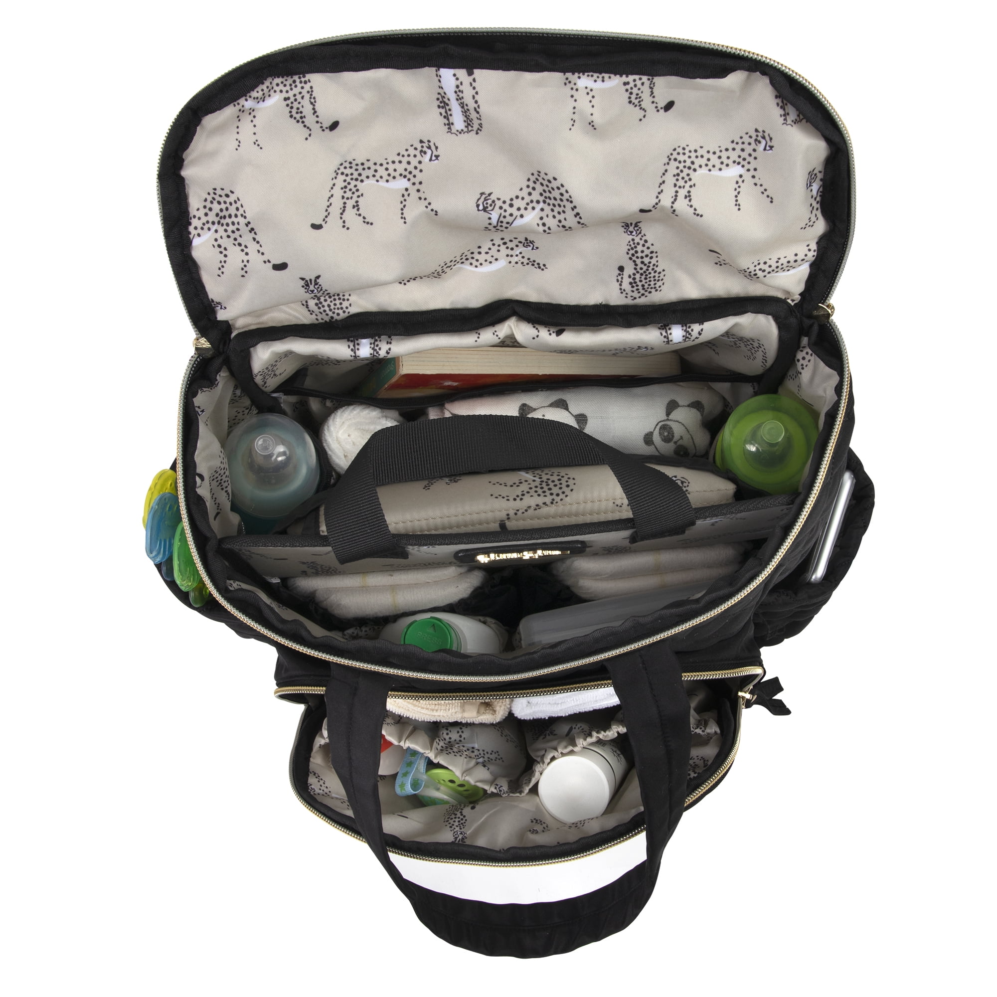 Jessica Simpson Black Diamond Quilted Multi-Pocket Dual Zipper Closure Fashion Diaper Bag Tote and Backpack with Running Cheetah Interior, Matching 3-Ply Folding Baby Changing Pad & Changing Caddy - Image 9