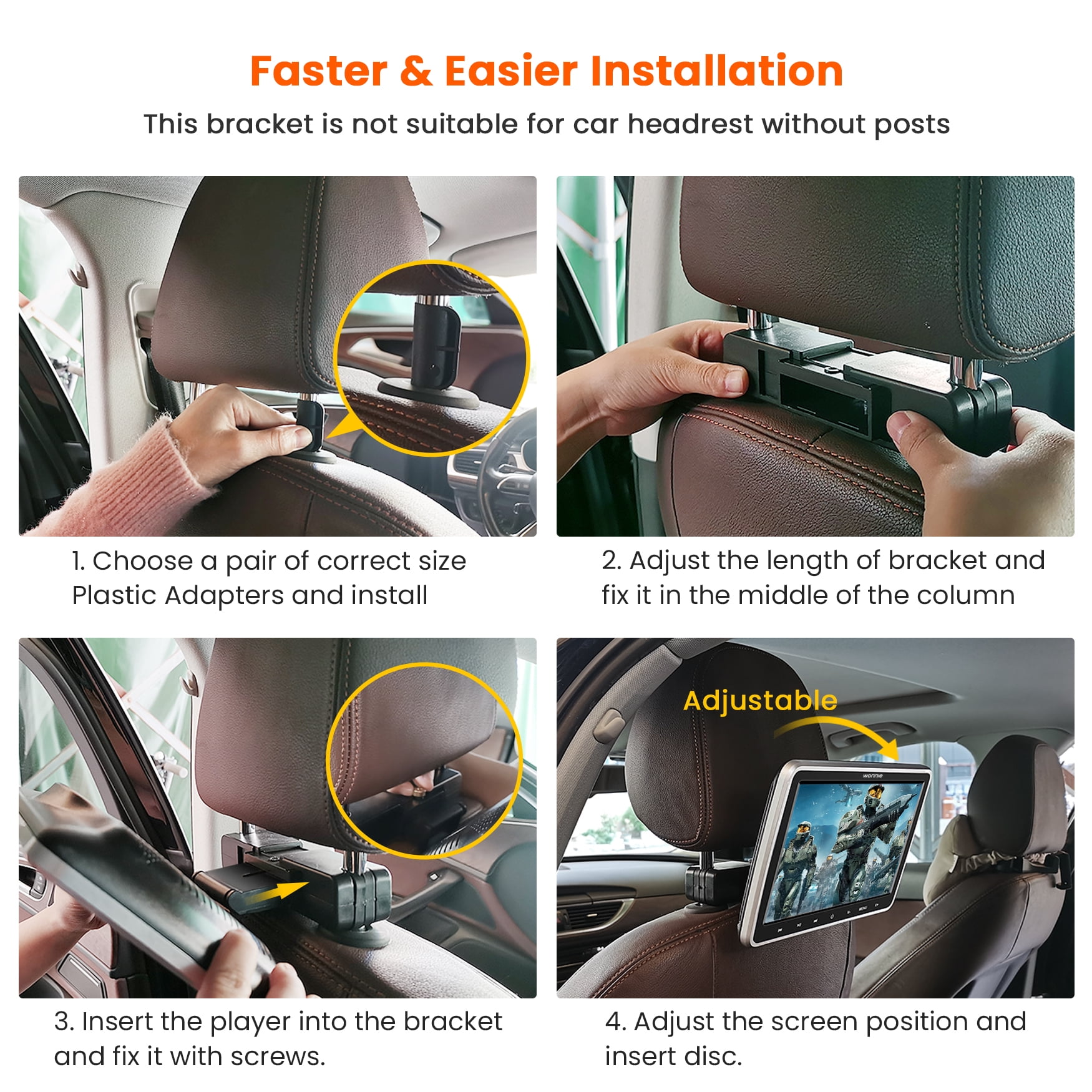 Wonnie 10.5" Headrest DVD Player for Car, Portable DVD Player with Headrest Mount & Headphone, Car DVD Player Support 1080P Video, HDMI Input, USB, SD, AV in /Out, Last Memory,Best Gift Idea for Kids - Image 8