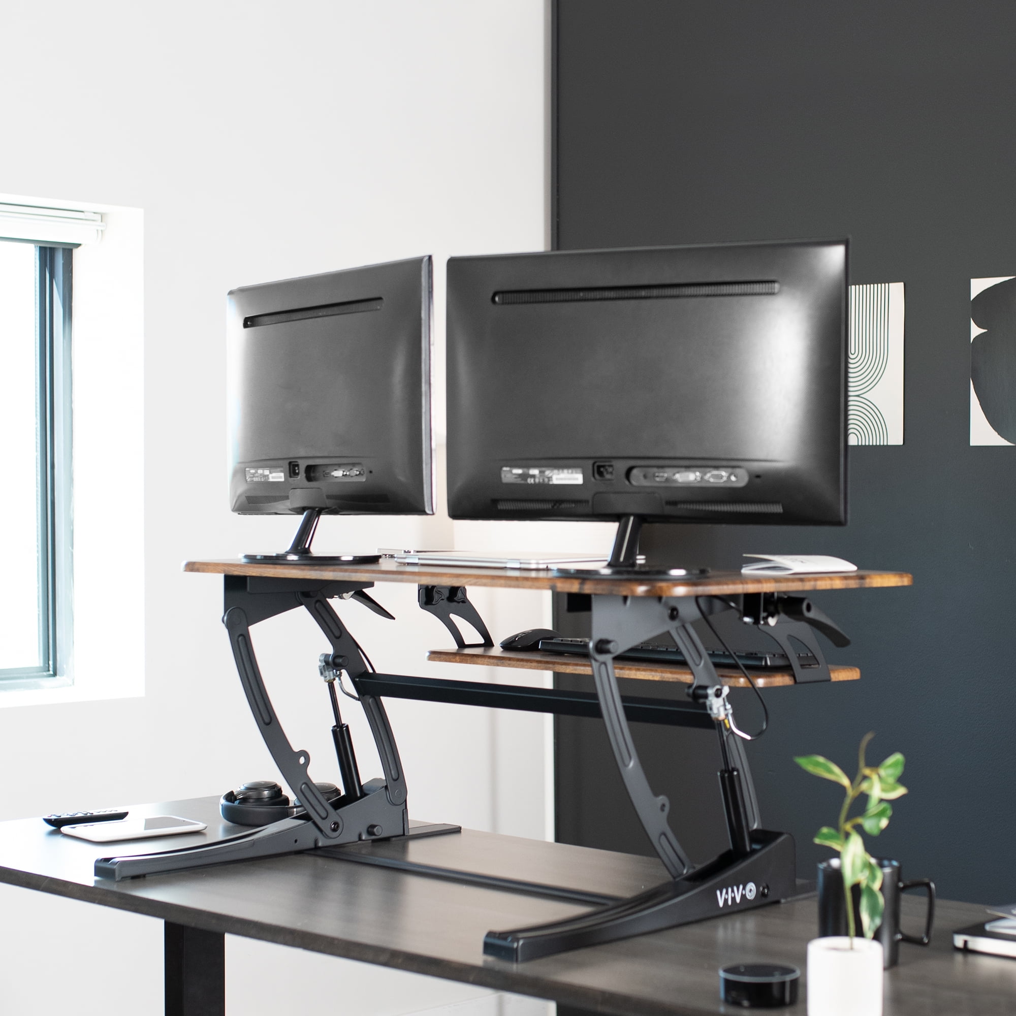VIVO Rustic Vintage Brown Standing Desk Riser, Tabletop Sit-Stand, Black Frame - Image 7
