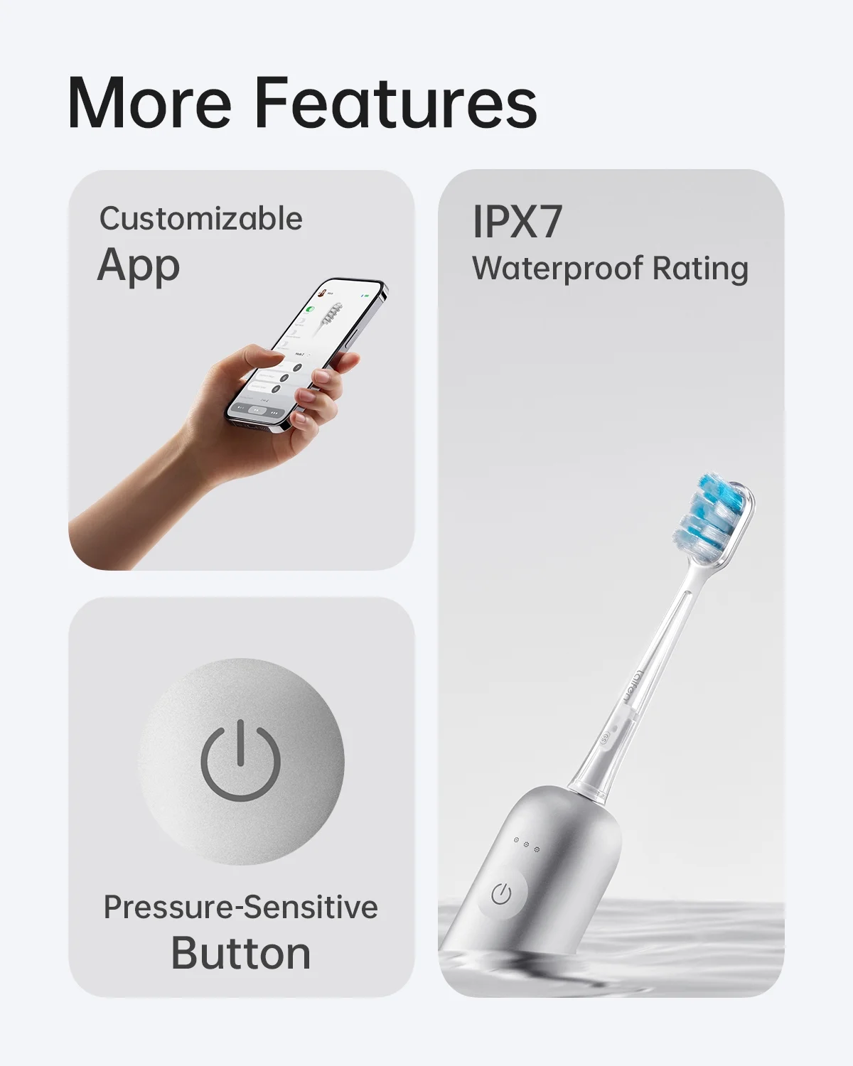 Laifen Wave Electric Toothbrush, Oscillation & Vibration Sonic Electric Toothbrush for Adults with 3 Brush Heads, IPX7 Magnetic Rechargeable Travel Powered Toothbrush (Silver Aluminum Alloy) - Image 4