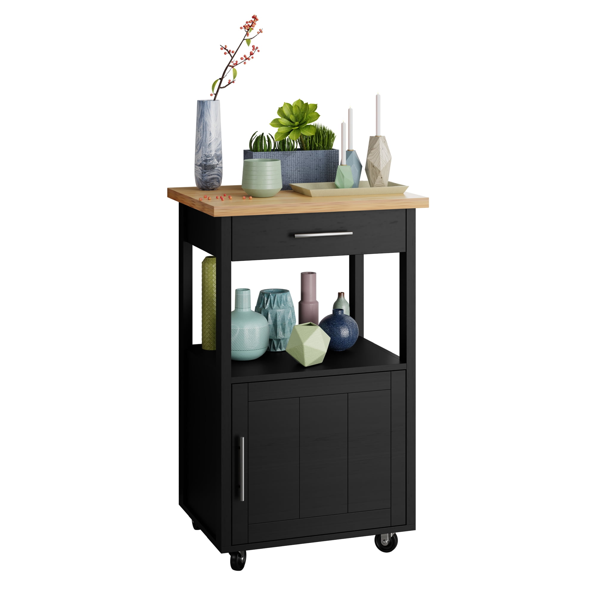 Walsunny Kitchen Island on Wheels with Storage, Kitchen Cart with Drawer and Countertop, Single Door Rolling Storage Cabinet Black - Image 5