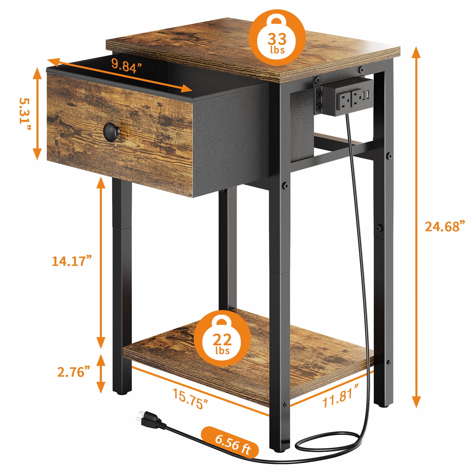 Yoobure Nightstand with Charging Station, Side Table with Large Drawer and Storage Shelf, Rustic Bedside Tables with USB Ports & Outlets for Bedroom,Living Room - Image 8