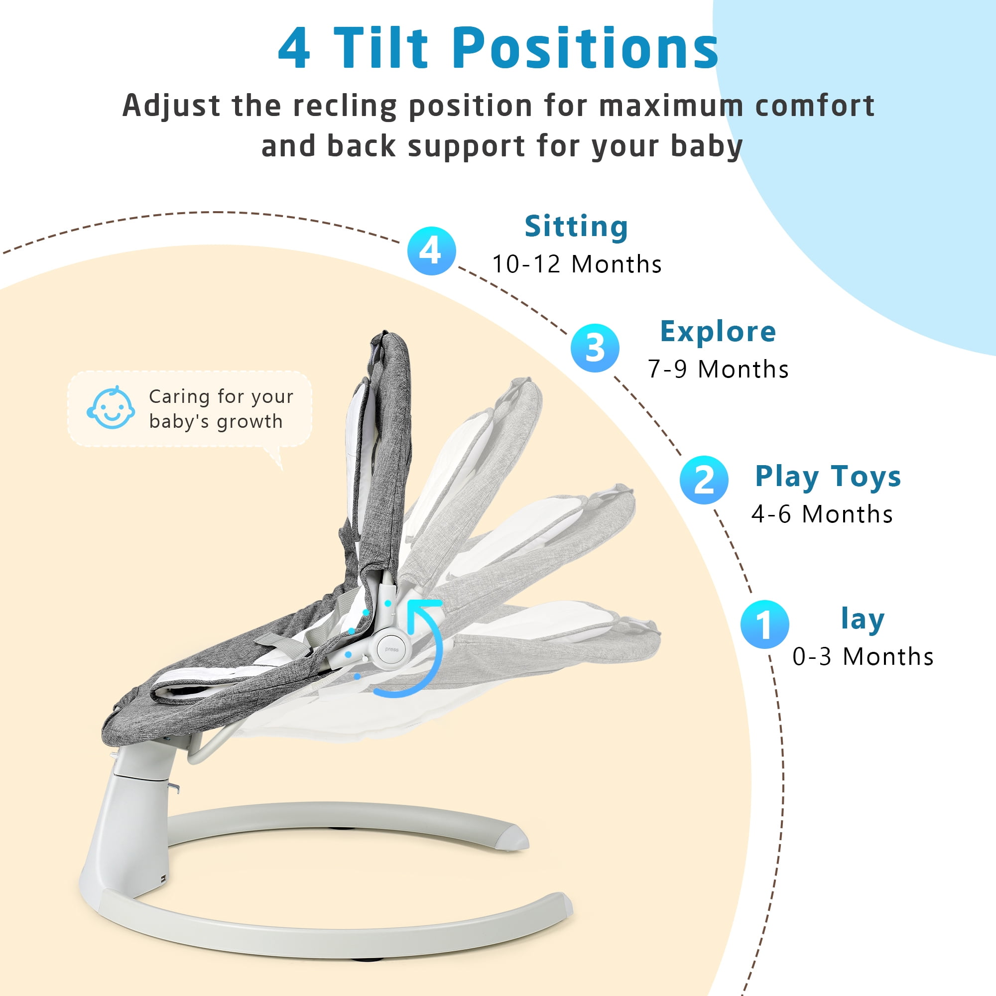 SACVON Baby Swing for Infants, Baby Rocker with 5 Point Harness, Bluetooth Support, 8 Preset Lullabies, 3 Speed Natural, with Remote Control and 2 Hanging Toys, Dark Gray - Image 3