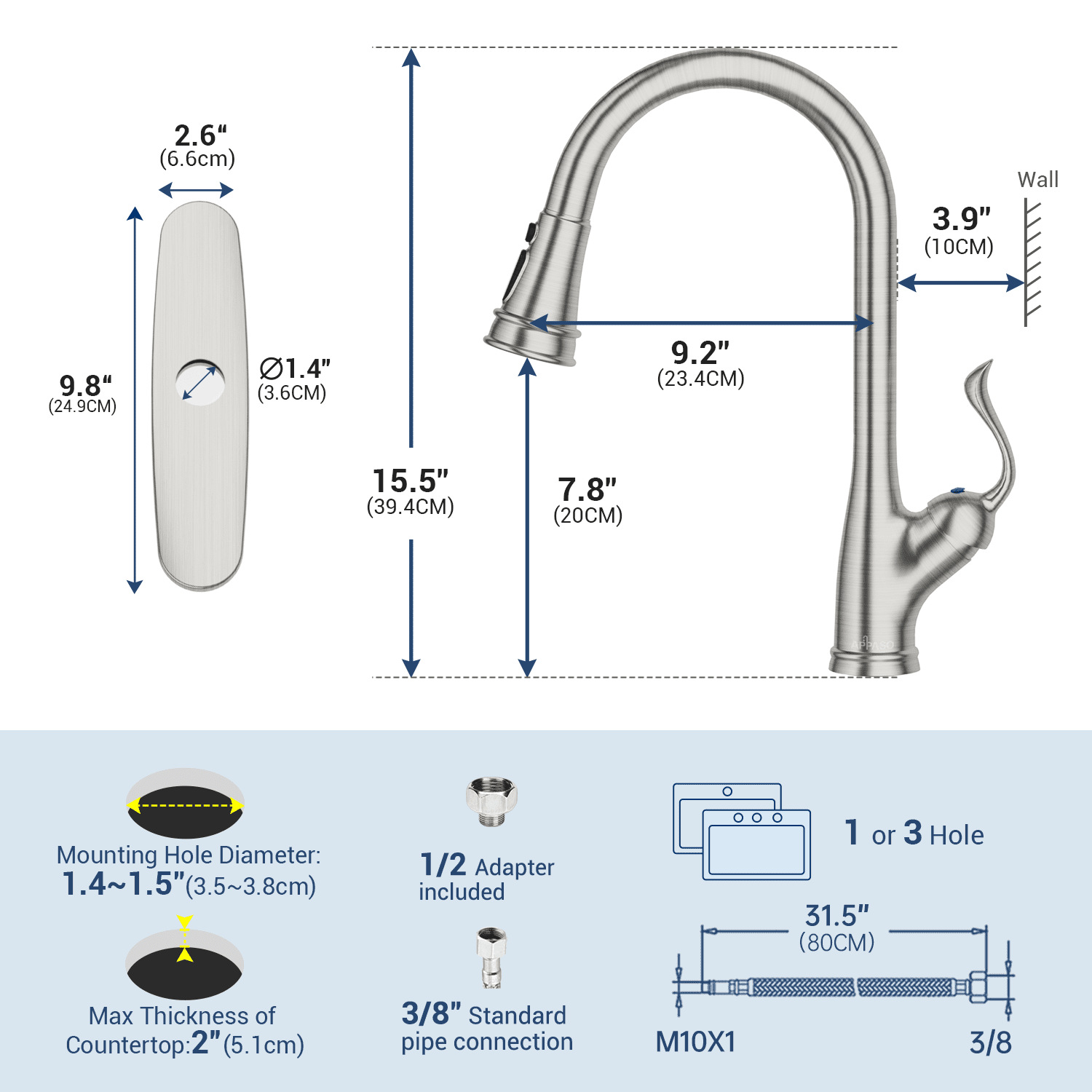 Appaso Stainless Steel Pull Down Kitchen Faucet Single Handle Brushed Nickel with Deck Plate 148BN - Image 4