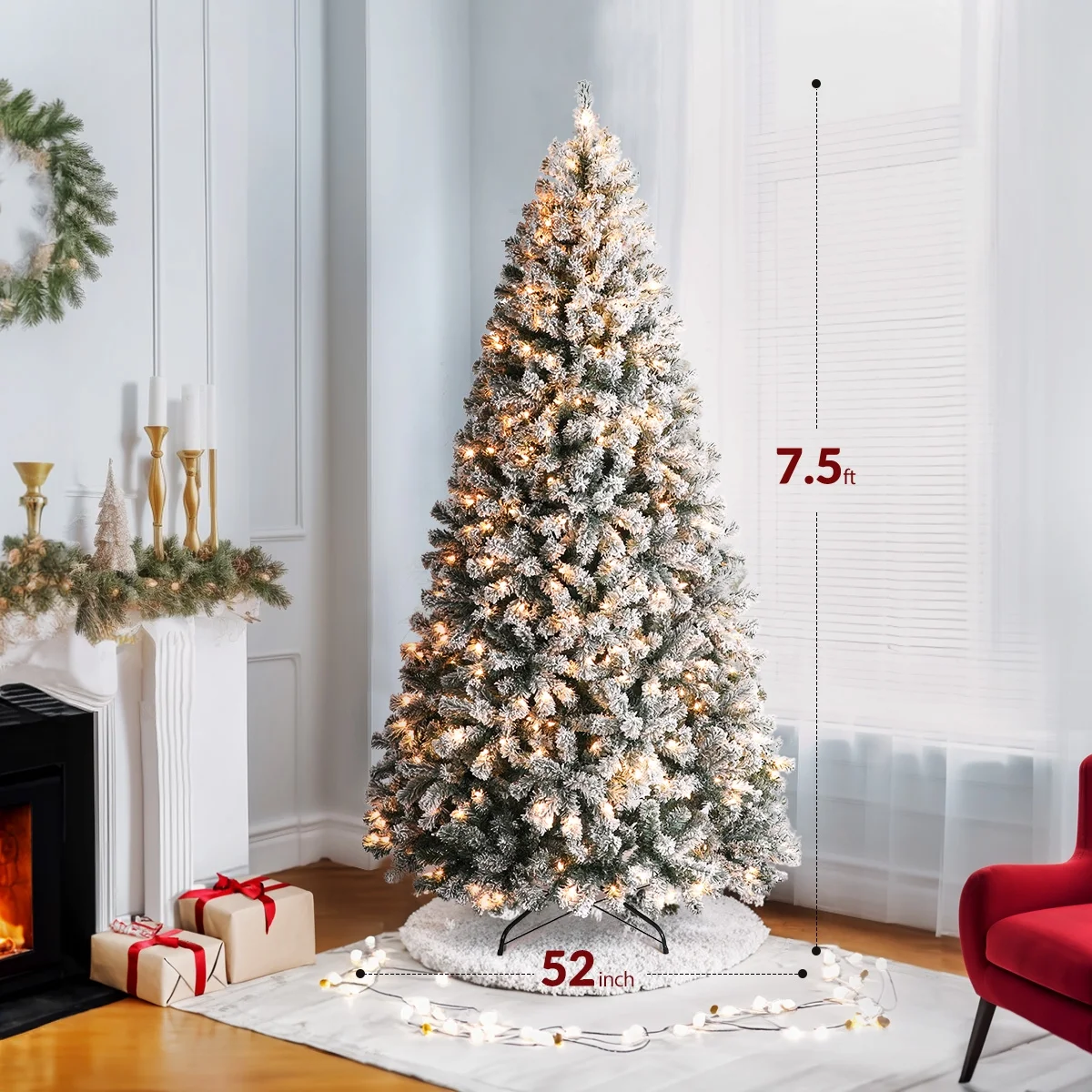 OasisCraft 6.5ft Pre-Lit Snow Flocked Christmas Tree with 350 Light, Artificial Pine Xmas Tree - Image 3