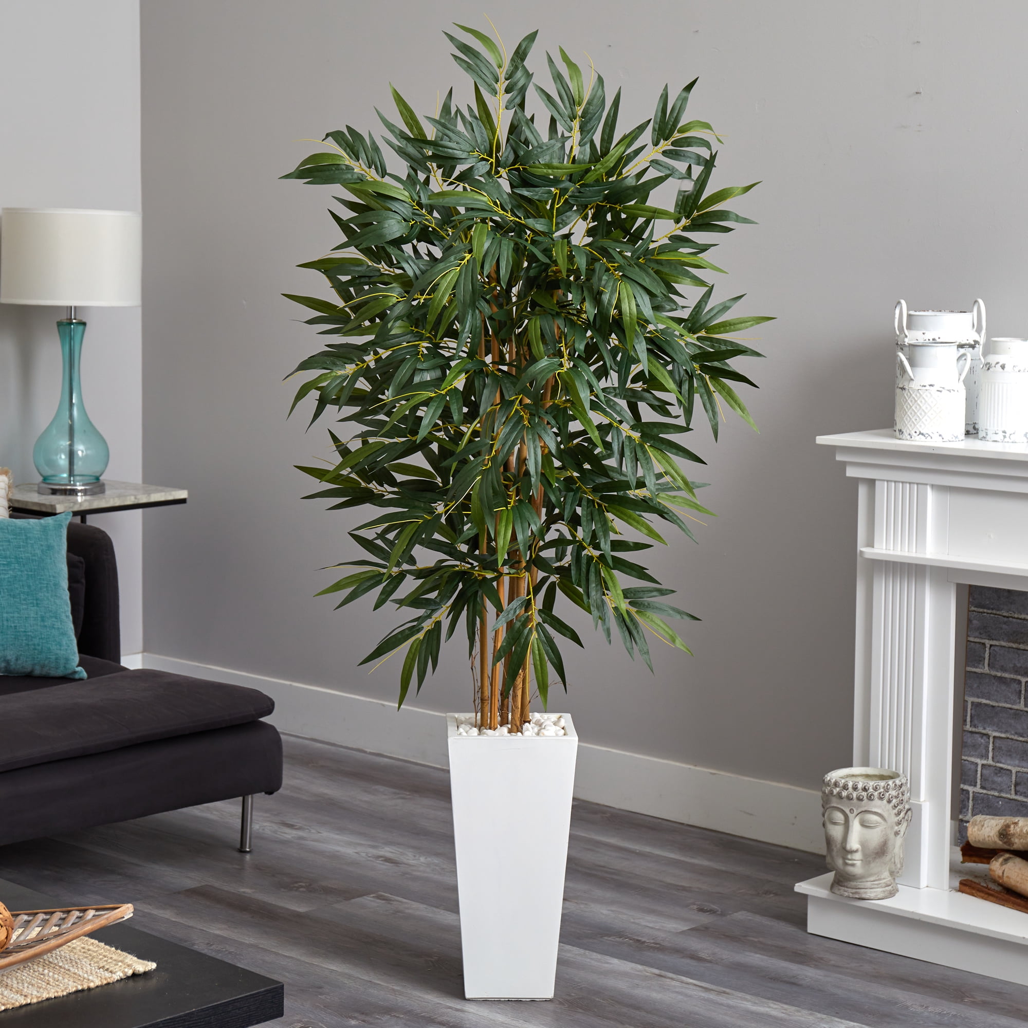 Nearly Natural 6' Bamboo Artificial Tree in White Tower Planter, Green - Image 2