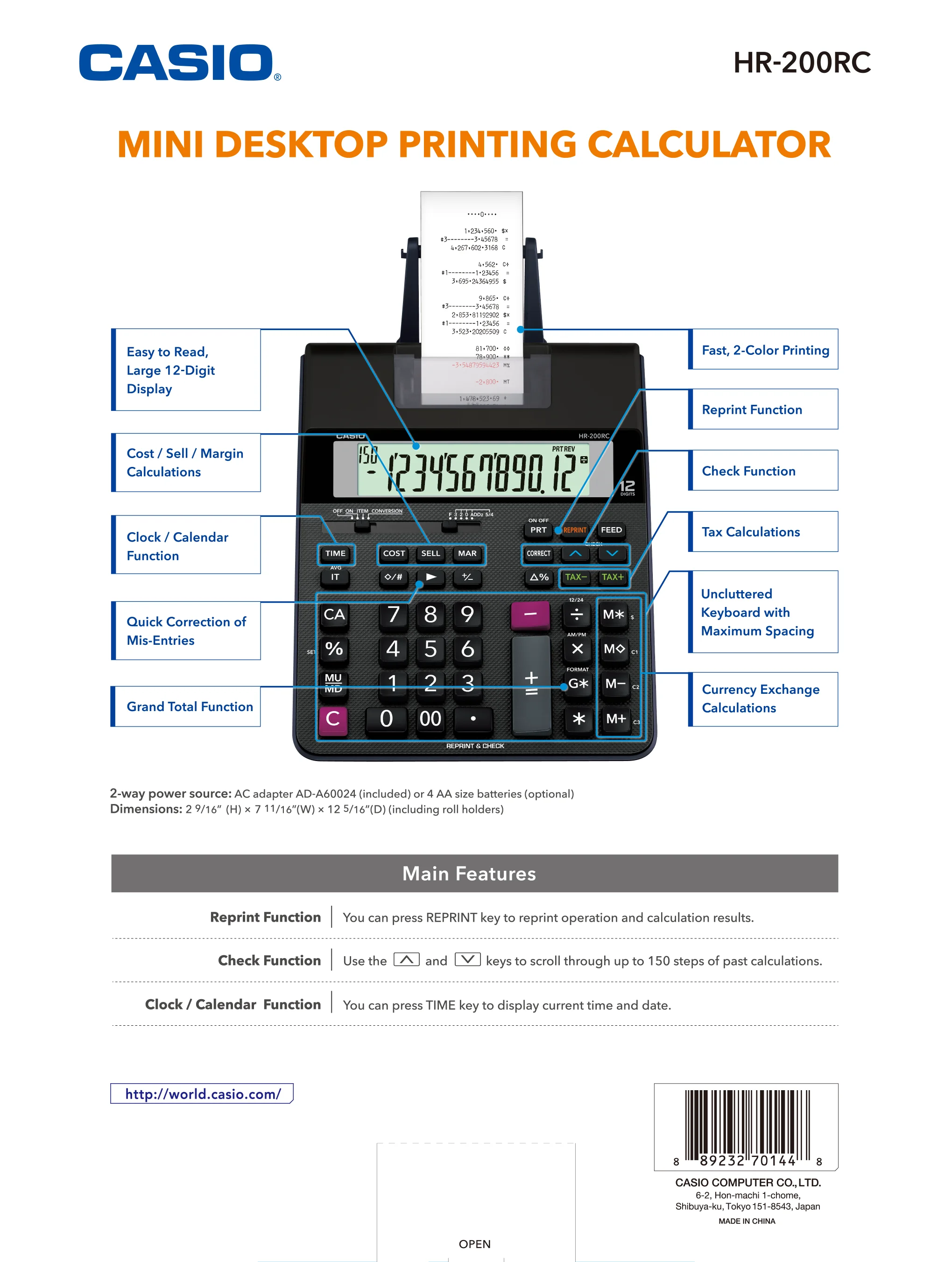 Casio HR-200RC 2 Color Printing Calculator with Clock/Calendar Feature, Black - Image 3