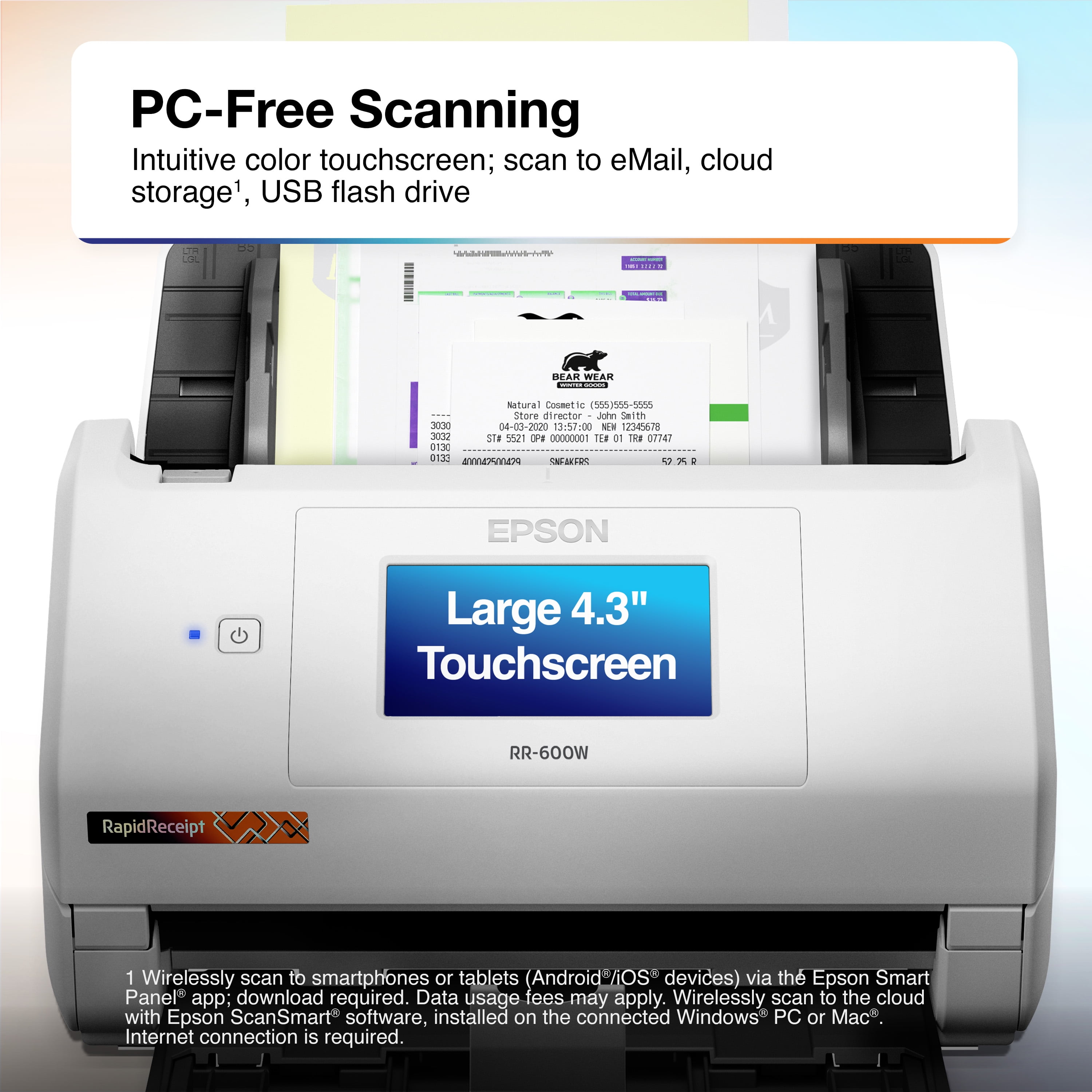 Epson RapidReceipt RR-600W - Document scanner - Contact Image Sensor (CIS) - Duplex - Legal - 600 dpi x 600 dpi - up to 35 ppm (mono) / up to 35 ppm (color) - ADF (100 sheets) - up to 4000 scans per day - USB 3.0, Wi-Fi - Image 5