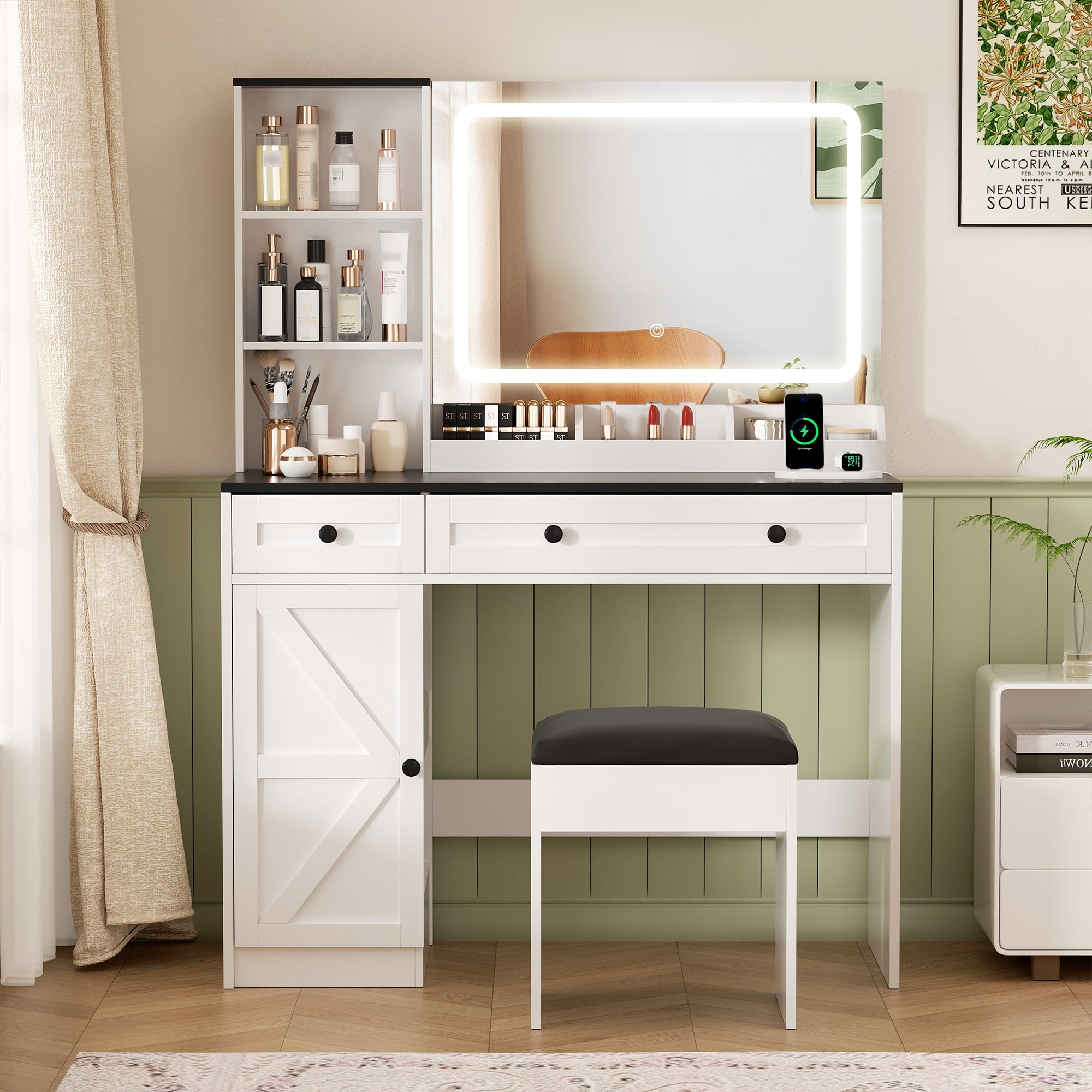 Vabches Vanity Set with Mirror and Lights, Modern Makeup Table with Storage Shelves & Drawers for Bedroom, White - Image 6