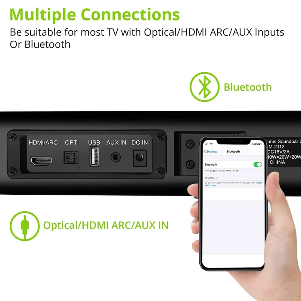 Tyethy Sound Bars for TV, 30" Wireless Bluetooth 5.0 Sound Bar with Subwoofer 3D Surround Sound Wall Mountable TV Speakers for Home Theater, Black - Image 8