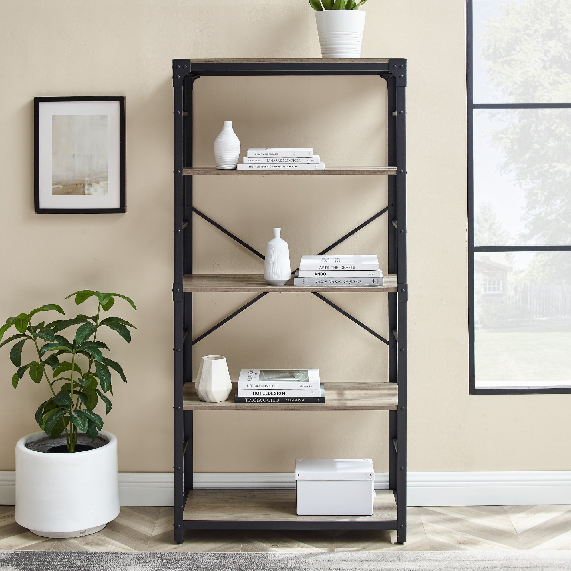 Urban Industrial Angle Iron 4-Shelf Bookcase, Grey Wash - Image 5
