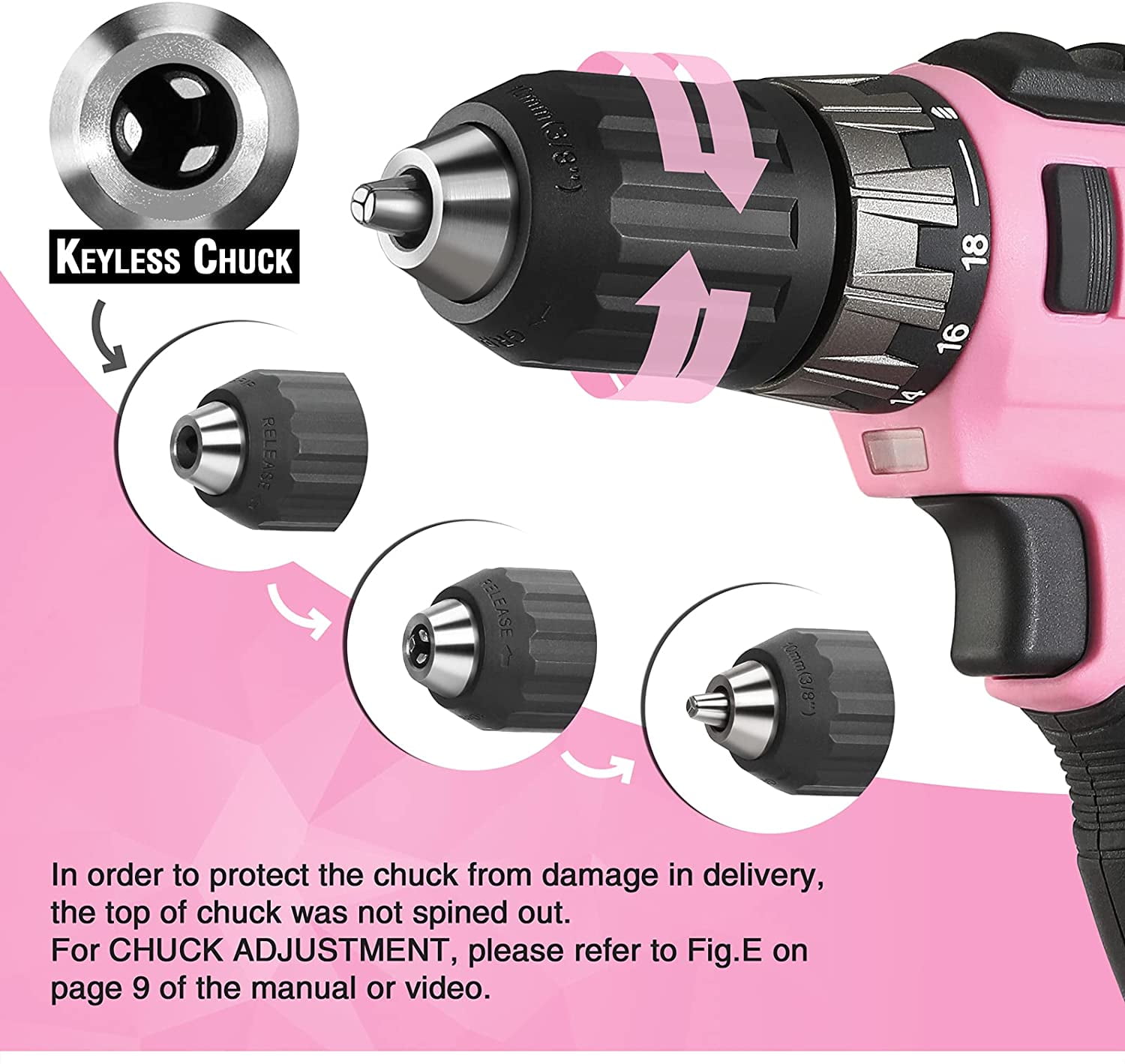 WORKPRO 20V Pink Cordless Drill Driver Set, 3/8” Keyless Chuck, 2.0 Ah Li-Ion Battery, 1 Hour Fast Charger and 11-inch Storage Bag Included - Image 6