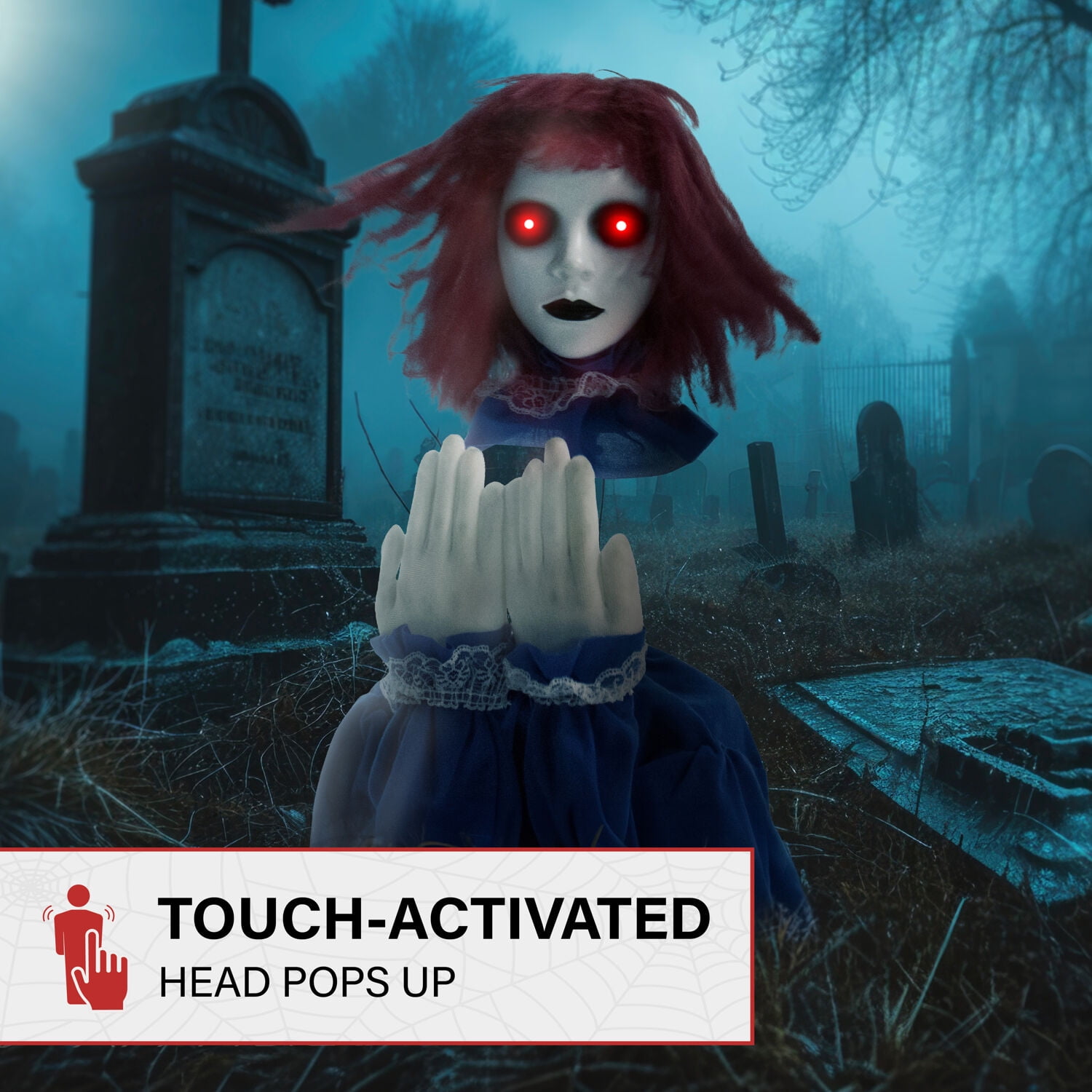 Haunted Hill Farm 27 in Pop-Up Animatronic Haunted Doll, Indoor/Outdoor Halloween Decoration, Red Flashing Eyes, Noises, Battery-Operated, HHFJGIRL-2LSA - Image 5