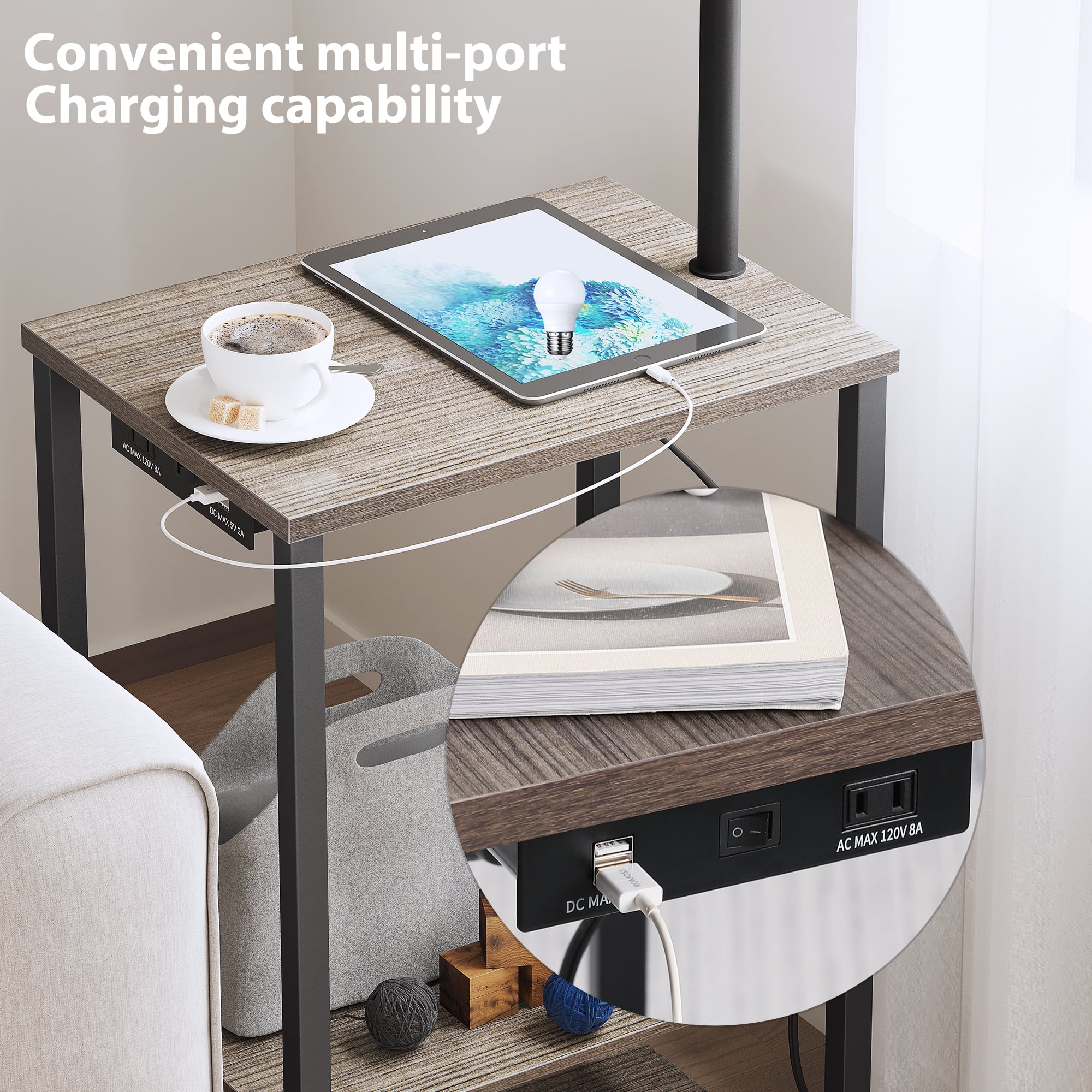 AOHAO 60” Floor Rustic End Table Lamp with Charging Station - Image 4