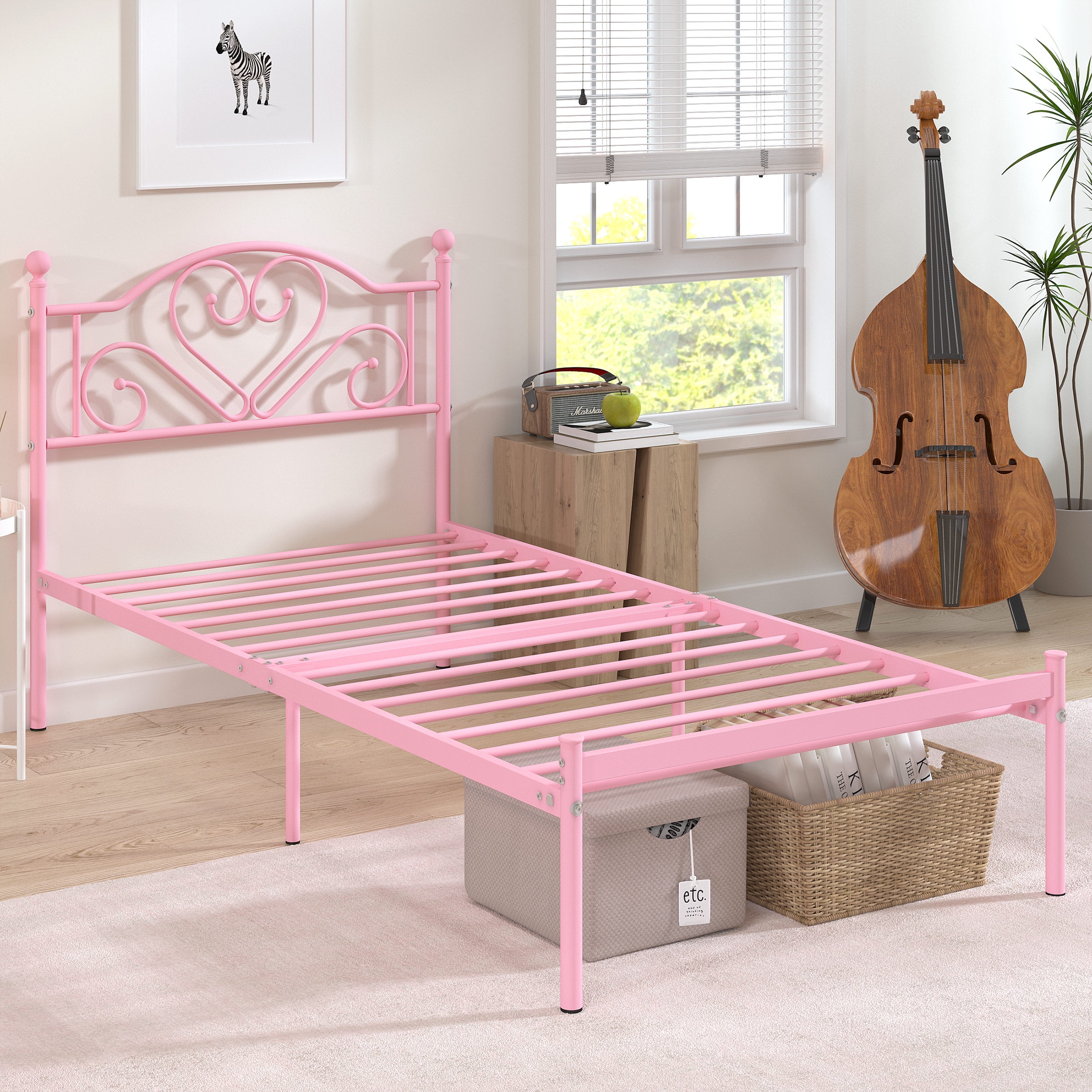 Yoneston 12” Twin Heavy Duty Metal Platform Bed Frame with Love-Heart Shape Headboard for Girls Bedroom Furniture, Pink - Image 7