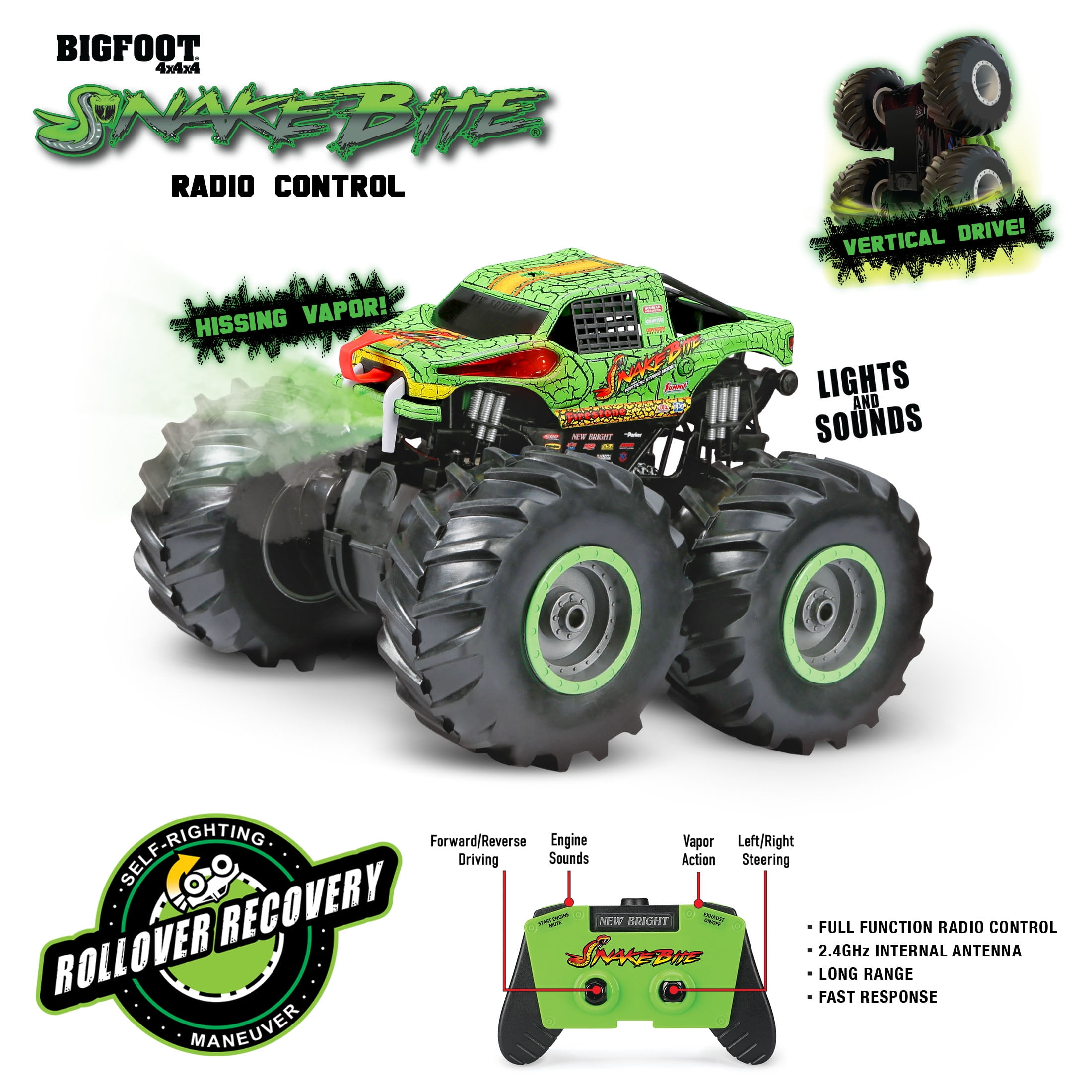 New Bright (1:10) Snake Bite Radio Control Monster Truck with Lights, Sounds and Vapor 61061U Child - Image 9
