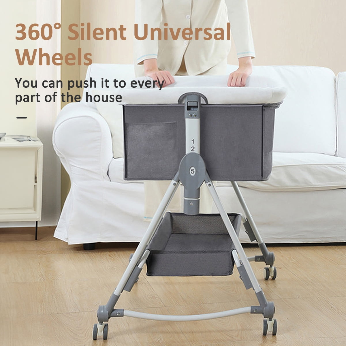 BEJOLO 5-in-1 Baby Bassinet, Adjustable Height Infant Bedside Crib with Diaper Table, 0-24 Months, Gray - Image 6