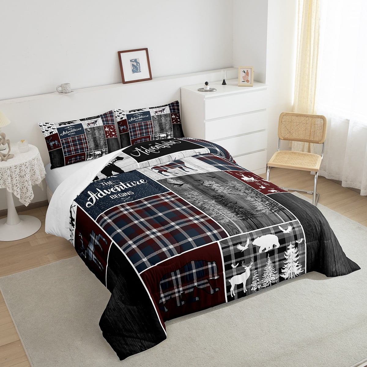 Rustic Cabin Lodge Comforter Set, Bear Deer Wildlife Quilt Full Size, Country Forest Hunting Wild Animal Bedding Retro Plaid Checkered Patchwork Down Comforter Farmhouse Decorations, Grey Black - Image 3