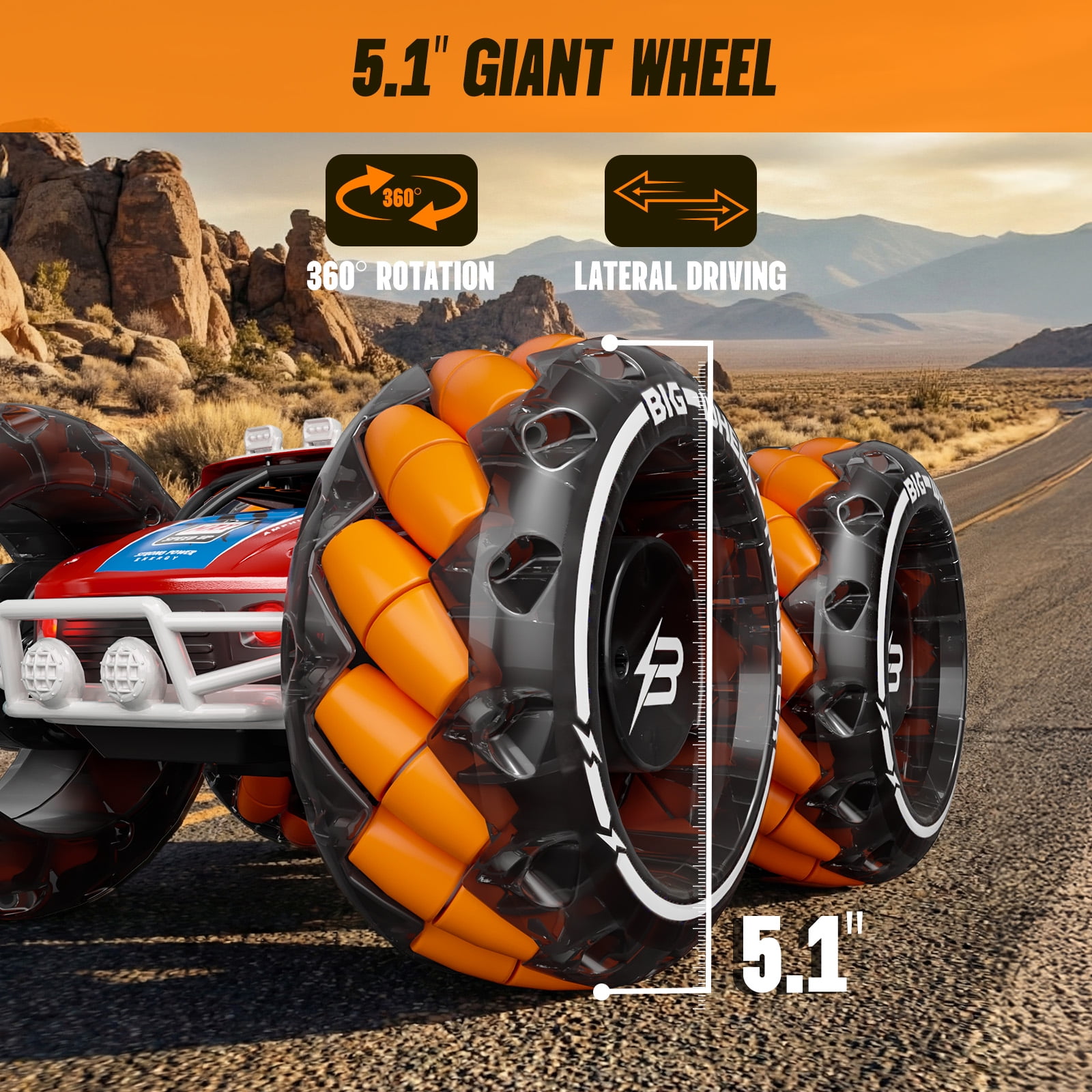 RC Car Truck, Keenstone 1:10 Giant Wheel Remote Control Toy Car with High-Speed Climbing and Colorful Gradient Lights with Music, Christmas Birthday Gift for Boys Kids, Orange - Image 4