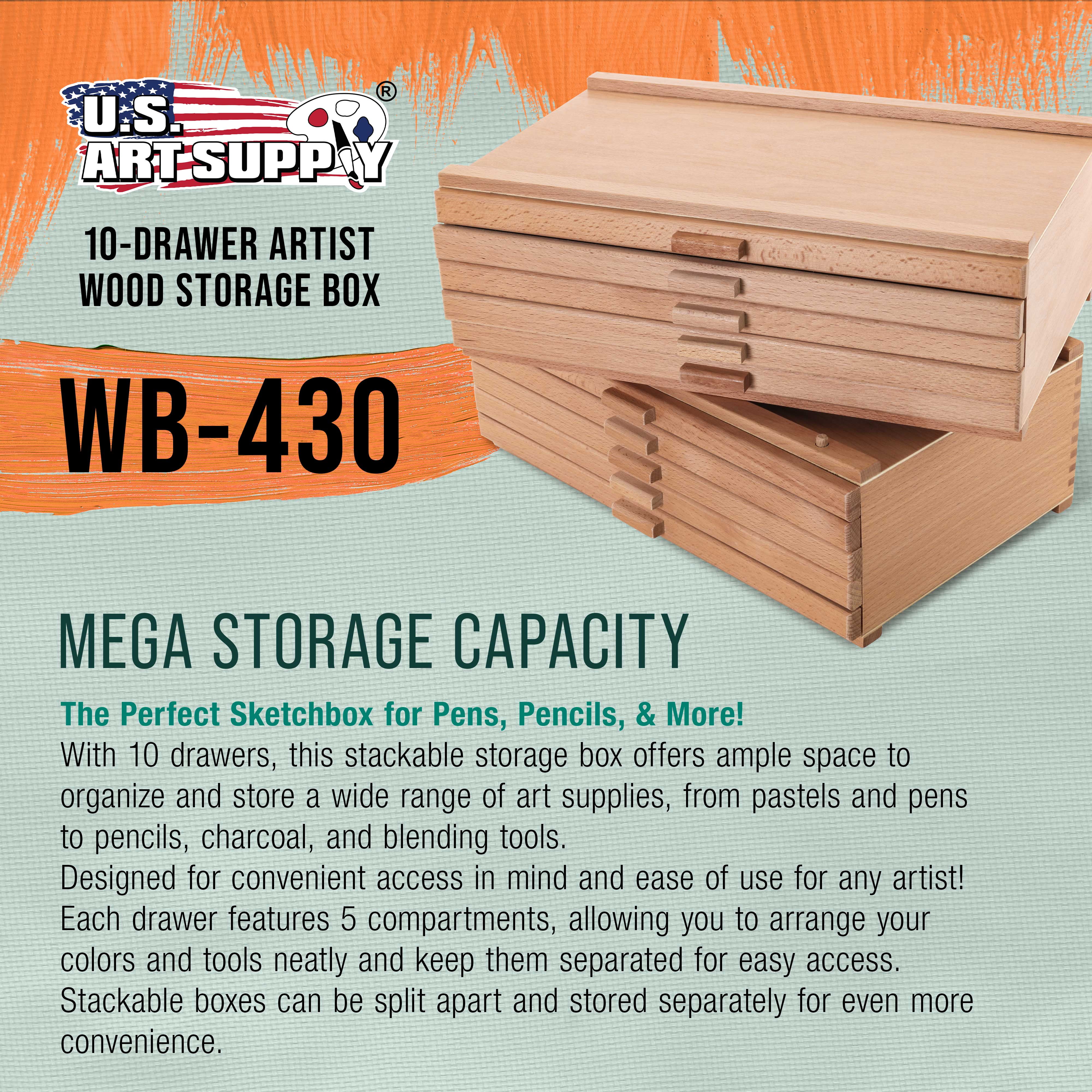 U.S. Art Supply Mega 10-Drawer Stackable Artist Wood Pastel, Pen, Marker Storage Box - Elm Hardwood Construction, 5 Compartments per Drawer - Ideal for Pastels, Pens, Pencils, Charcoal, Blending Tools - Image 6