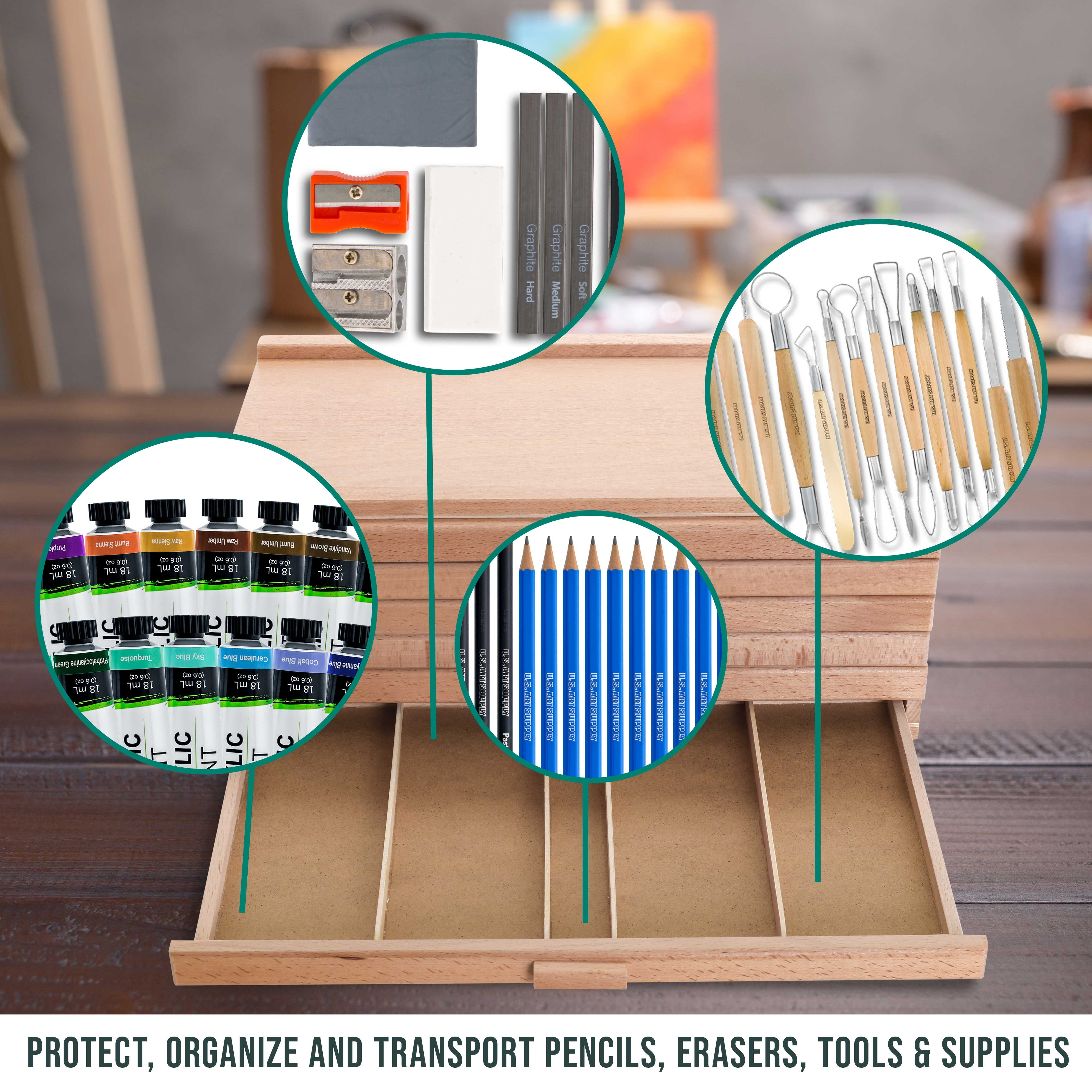 U.S. Art Supply 6-Drawer Artist Wood Pastel, Pen, Marker Storage Box - Elm Hardwood Construction, 5 Compartments per Drawer - Ideal for Pastels, Pens, Pencils, Charcoal, Blending Tools - Image 4