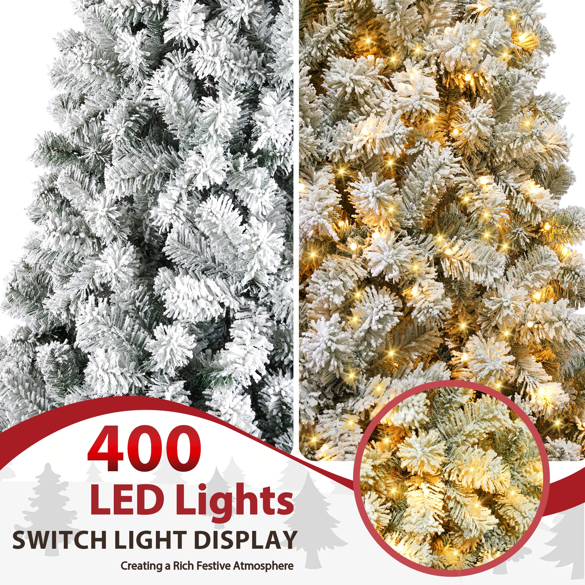 IZNEN 7.5ft Pre-Lit Snowflake Flocked Christmas Tree,8 Modes LED Lights,Artificial Xmas Tree with Storage Bag - Image 3