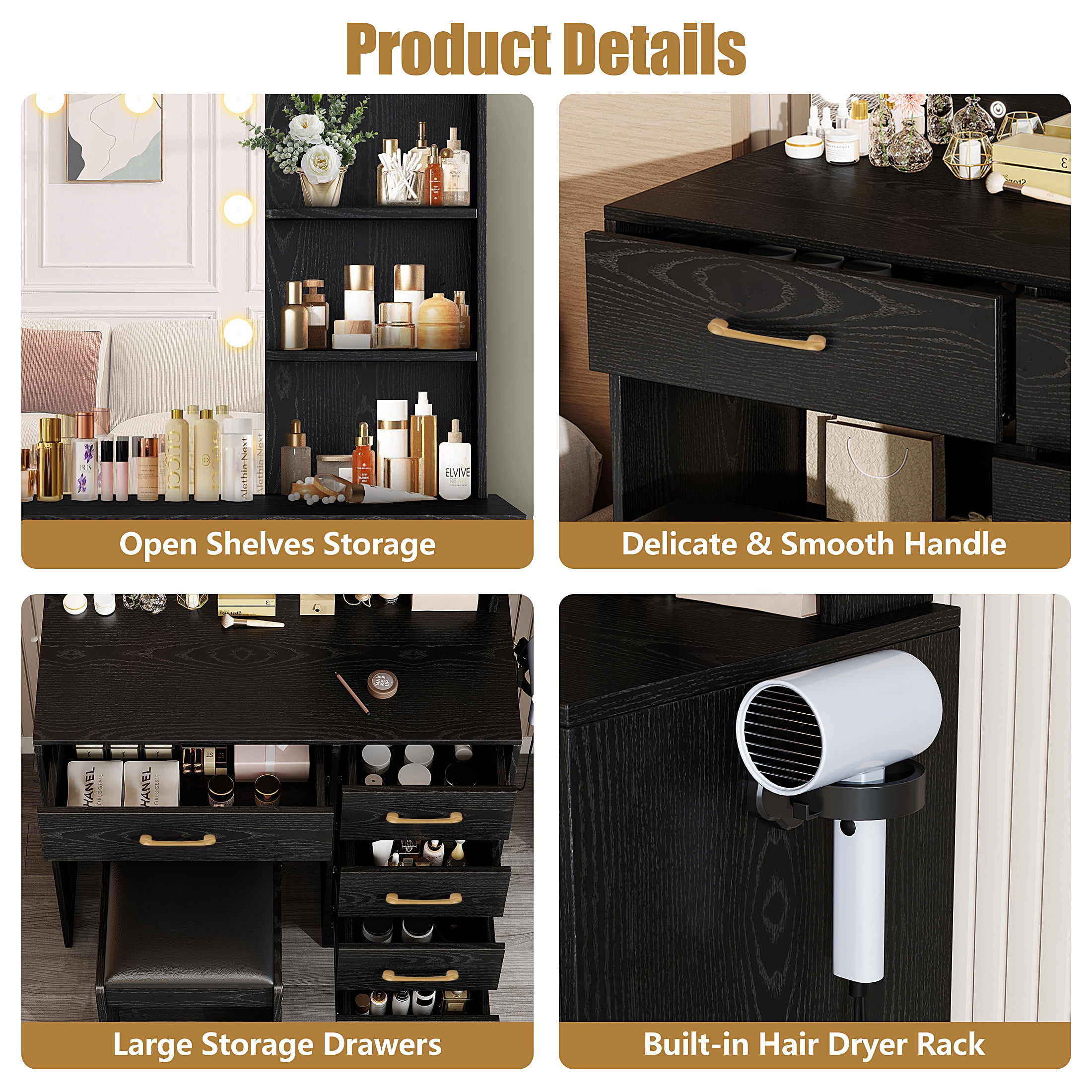 Vanity Set with Mirror, UHOMEPRO Lighted Makeup Vanity Desk with 5 Drawers, 3 Storage Shelves, Hair Dryer Rack, and Cushioned Stool, Modern Makeup Desk Dressing Table for Girls Bedroom, Black - Image 3