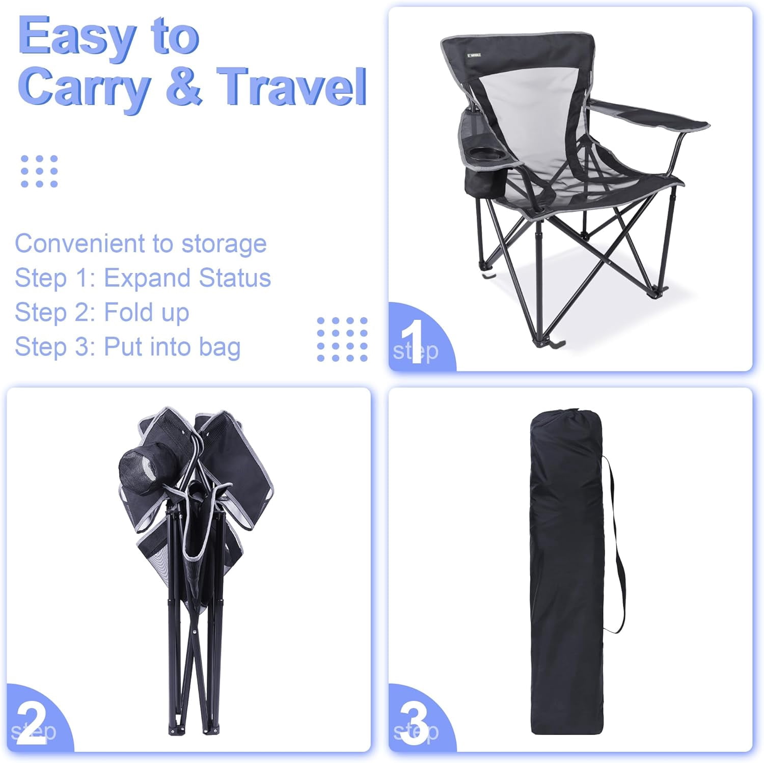 Camping Chair Portable Folding Chair Cooling Mesh Back Outdoor Lawn Chair with Cup Holder and Carry Bag Supports up to 300lbs - Image 5