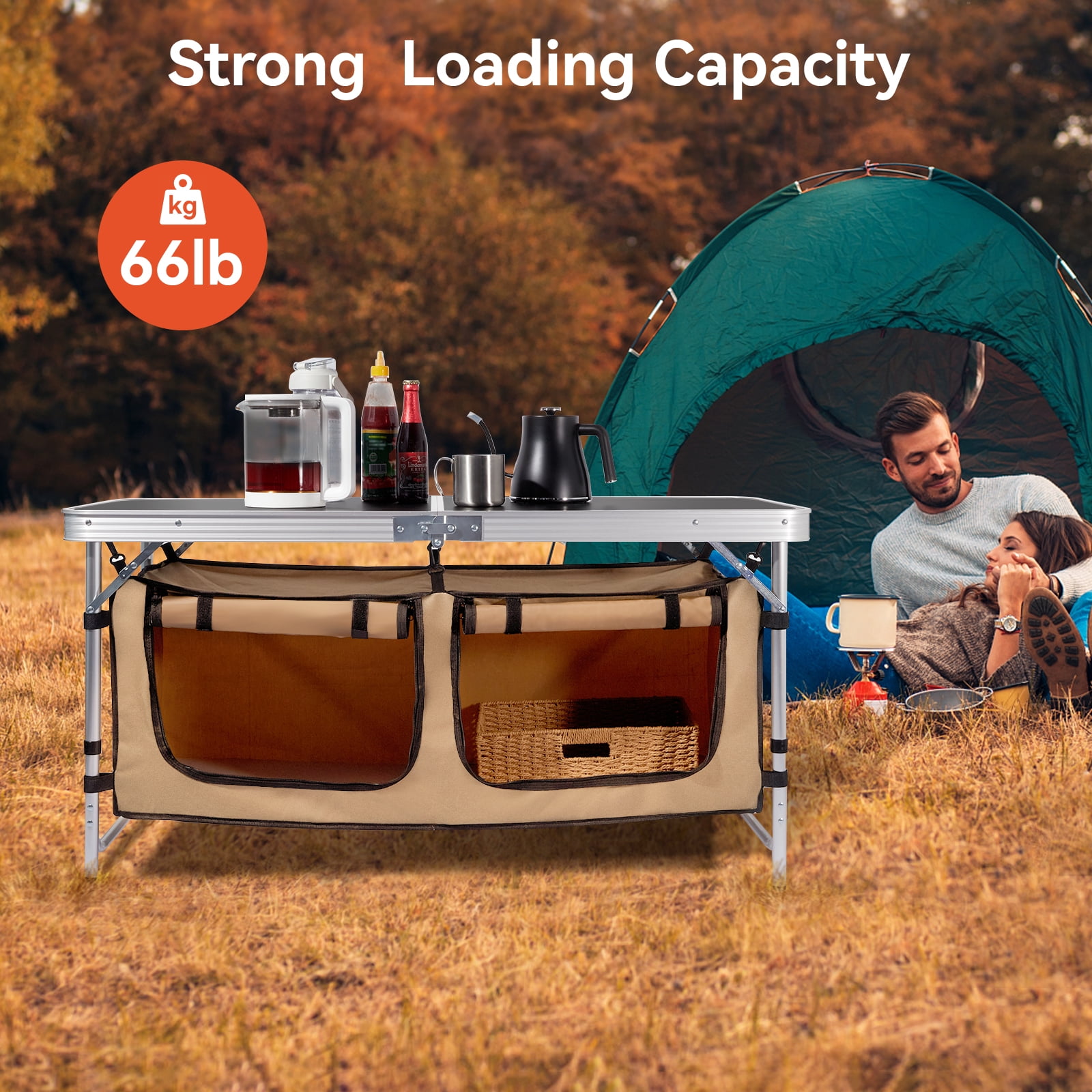 Vecukty Portable Camping Table Set - Aluminum Kitchen Station w/ Storage, Adjustable Feet & Trash Can, brown - Image 4