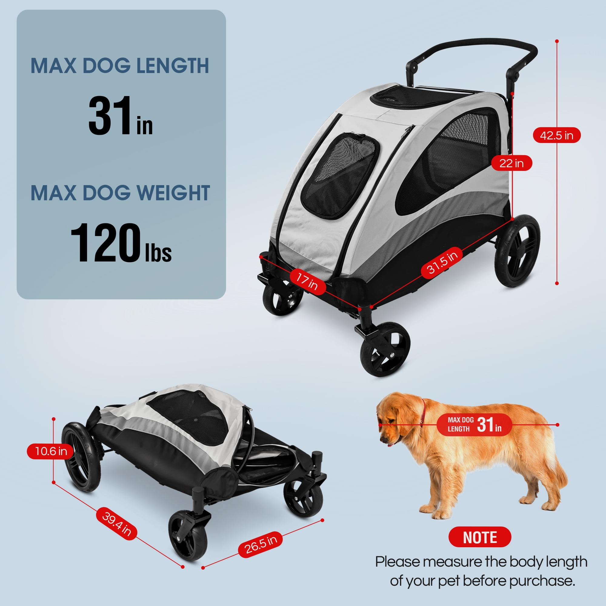 Foldable Pet Stroller for Large or 2 Dogs Cats Jogger Wagon with 4 Wheels - Image 9