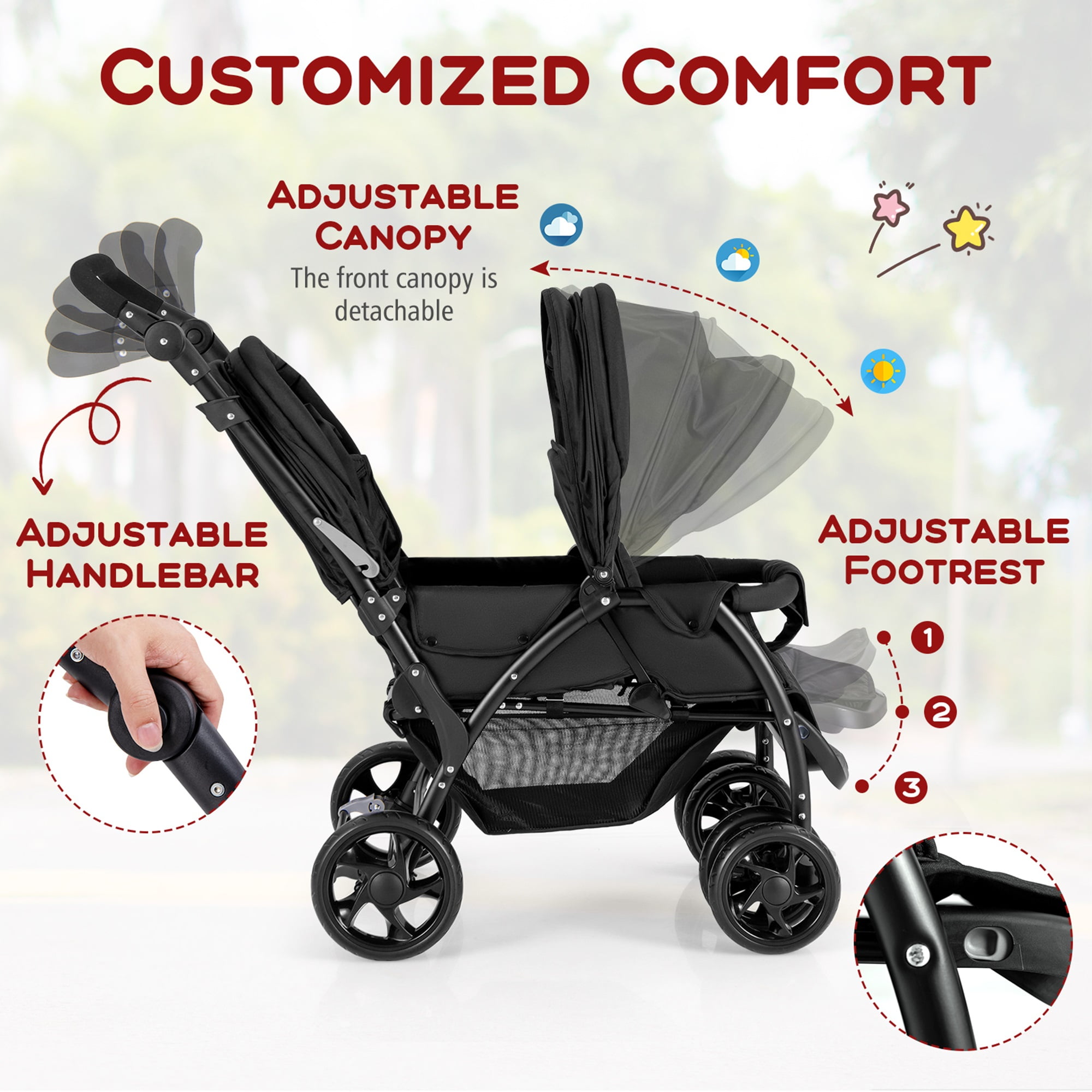 Costway Double Stroller Foldable Baby Twin Lightweight Travel Stroller Infant Pushchair Black - Image 5