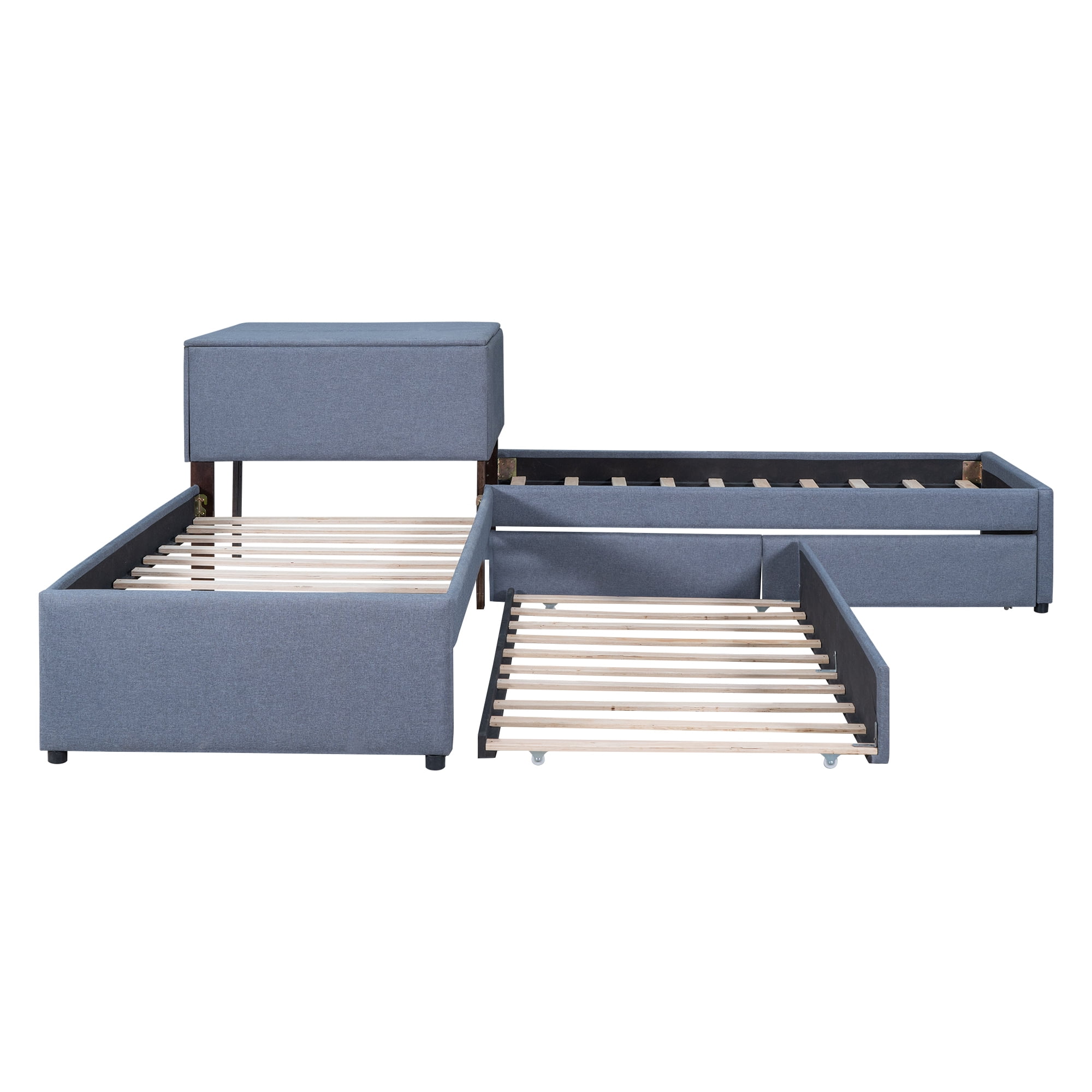 EUROCO Upholstery L-Shaped Twin Platform Bed with Drawers and Trundle,Square Table for Bedroom - Image 2