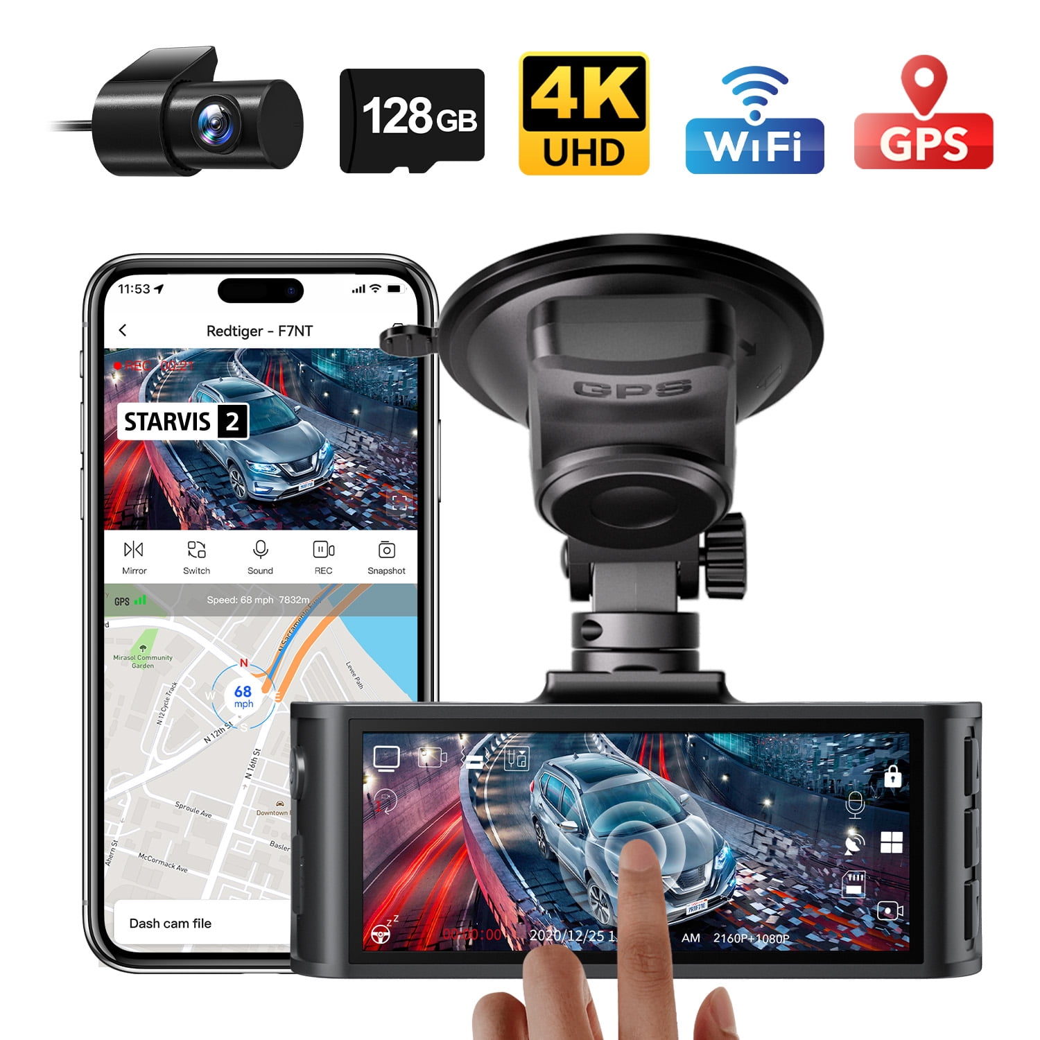 REDTIGER Touch Screen Dash Cam Front and Rear, 4K Dash Camera with STARVIS 2 Sensor, Free 128GB Card, Car Camera with Wifi GPS, Voice Control, WDR,5.8GHz WiFi, 24H Parking Mode, Night Vision - Image 10