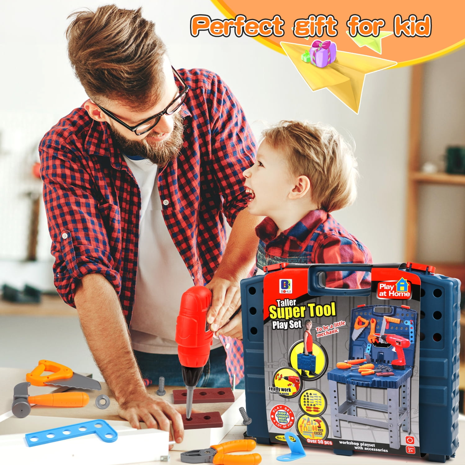 Beefunni 56 Pcs Kids Tool Bench Play Set, Foldable Pretend Workbench Accessories, Realistic Power Tools Workshop Construction Toys with Drill, Gift Toys for Boys Girls 3 4 5 6+ - Image 6