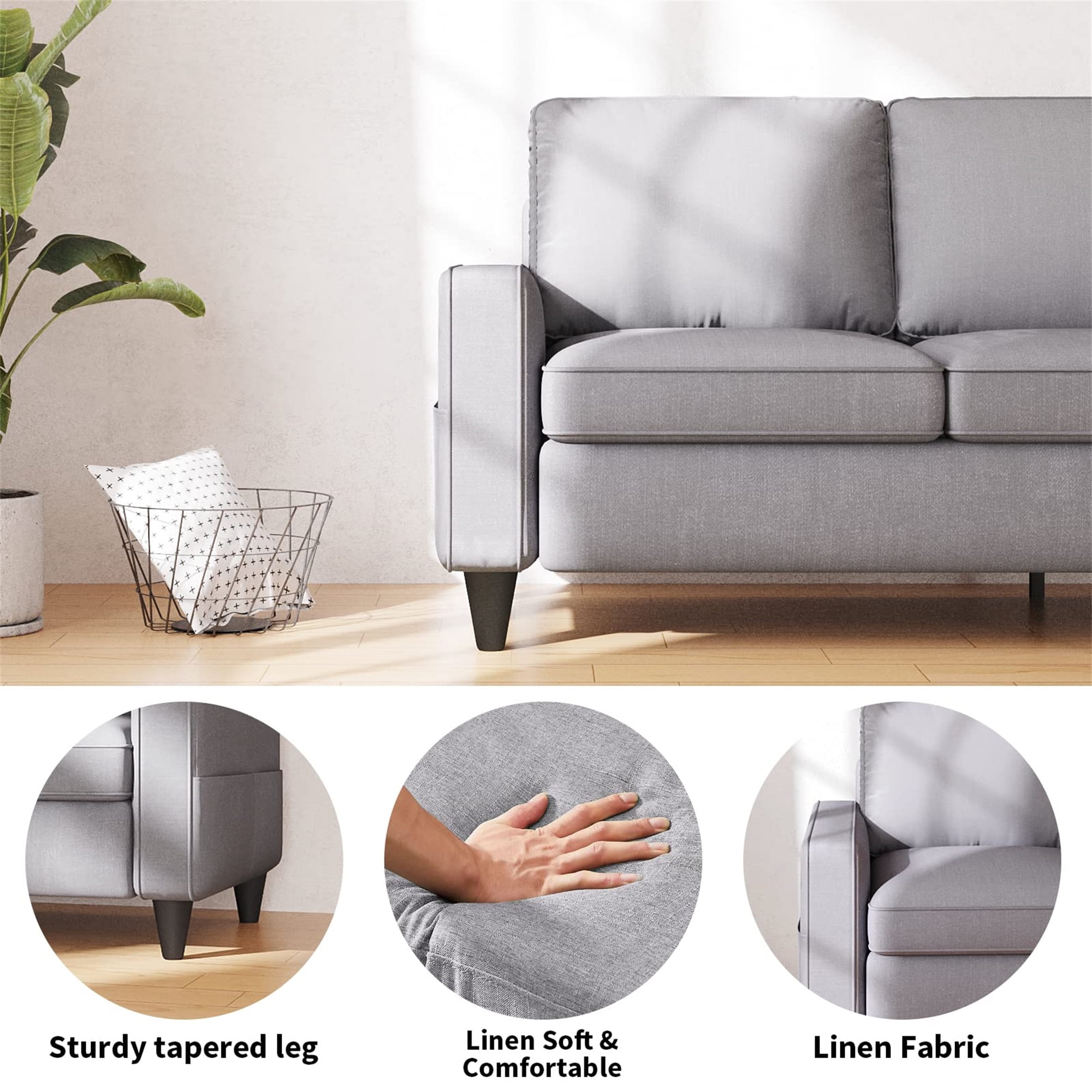 Aukfa 78" Sectional Sofa with Storage Ottoman, L Shape Couch for Living Room, Cotton, Light Gray - Image 3