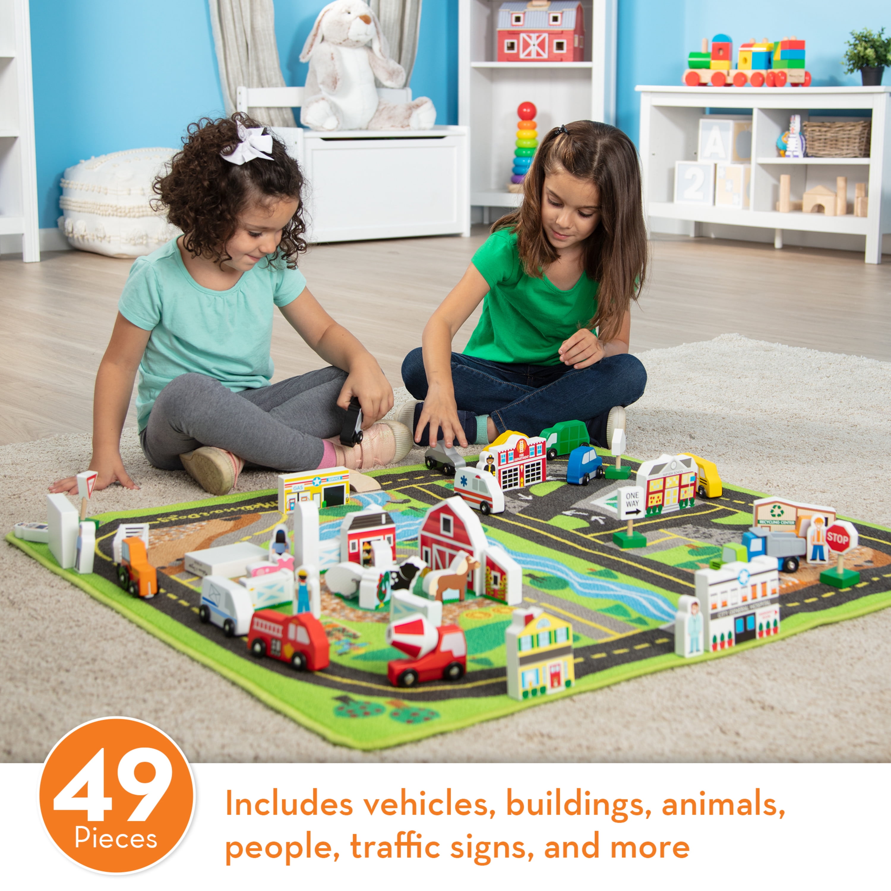 Melissa & Doug Deluxe Activity Road Rug Play Set with 49 Wooden Vehicles and Play Pieces - Image 4