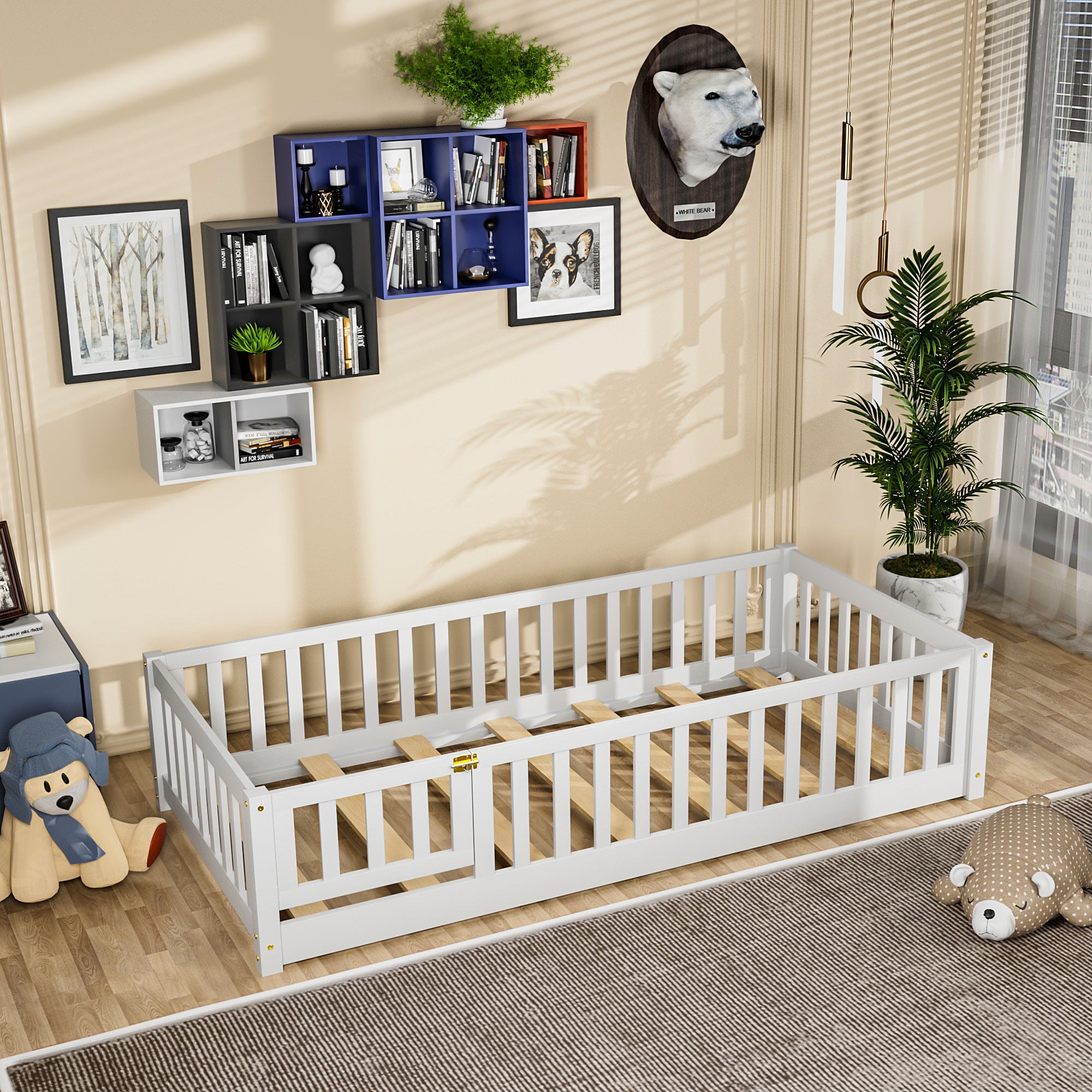 Miniyam Twin Size Toddler Floor Bed with Fence, White - Image 4
