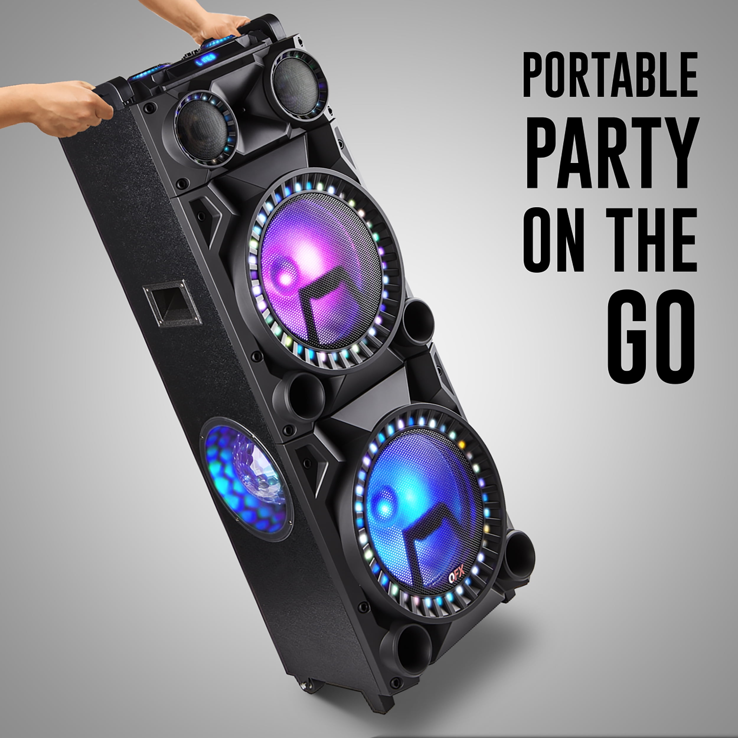 QFX PBX-1215 DUAL 12” BLUETOOTH RECHARGEABLE SPEAKER WITH LED PARTY LIGHTS, INCLUDES REMOTE CONTROL - Image 4