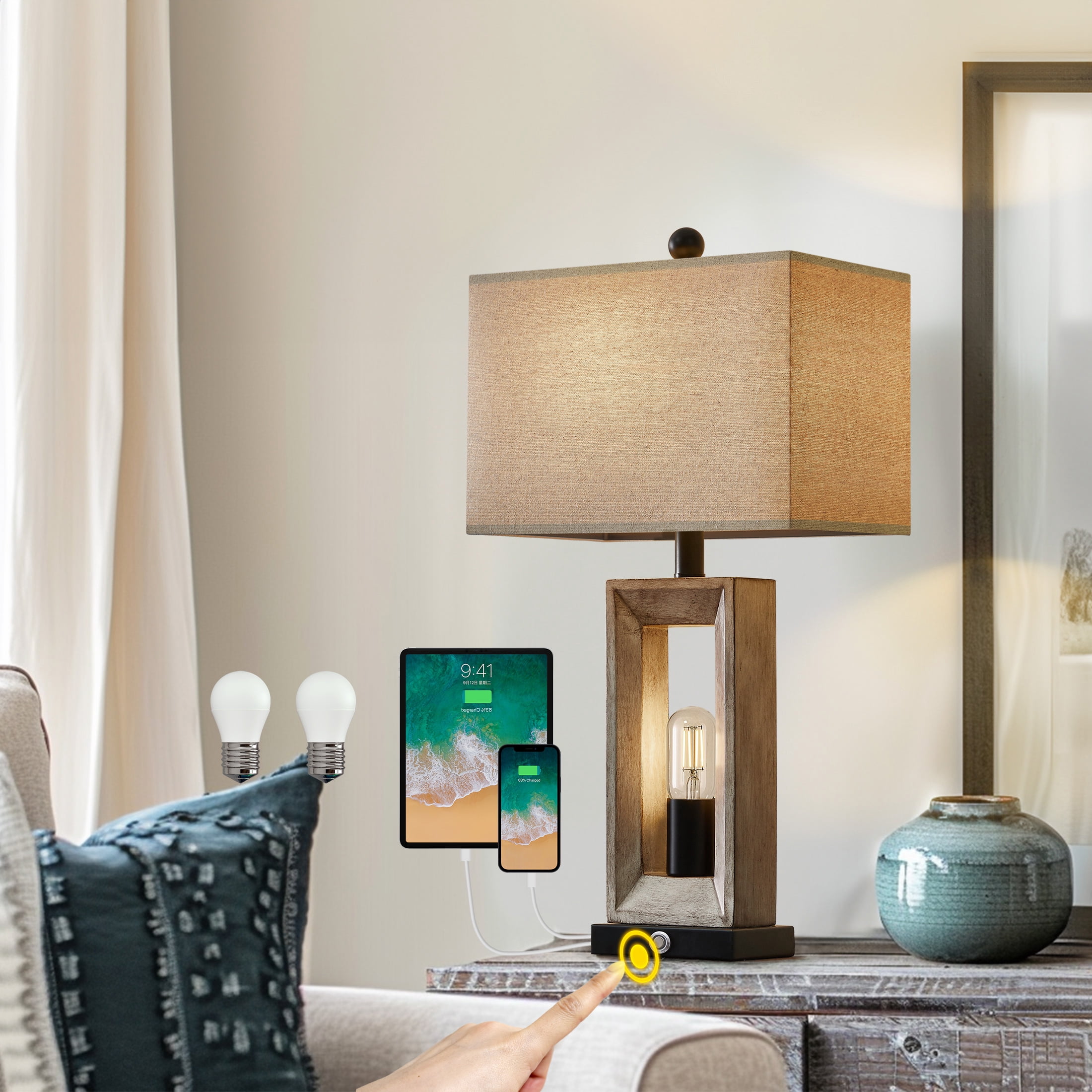 Yokila 3 Way Dimmable Touch Table Lamp Set of 2 with USB Ports for Living Room Bedroom 25" Retro Resin Bedside Nightstands Lamps(4 Bulbs Included) - Image 5