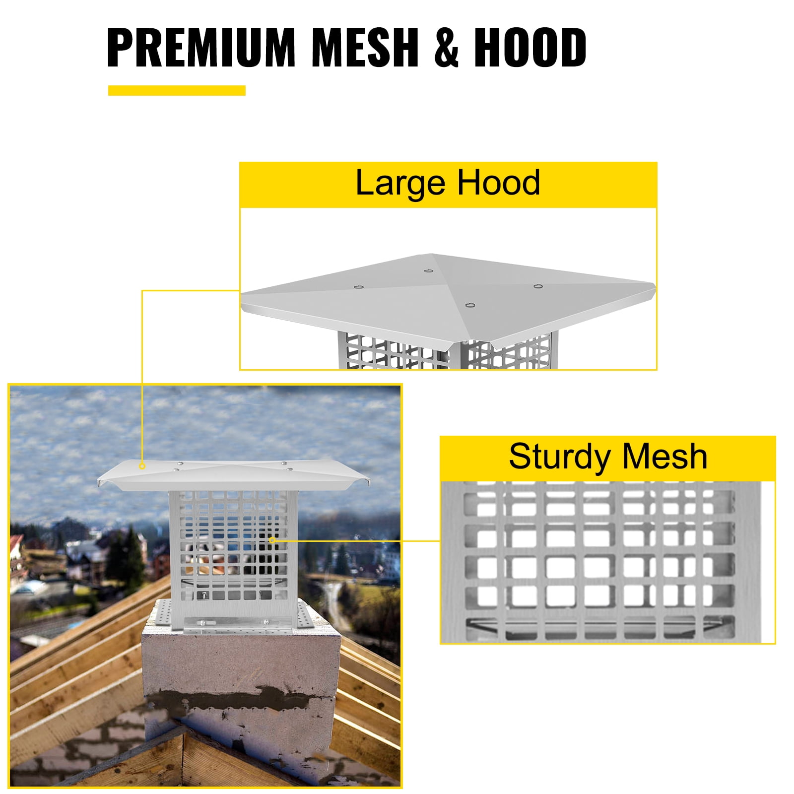 VEVOR Chimney Cap, 8" x 8" Flue Caps, 304 Stainless Steel Fireplace Chimney Cover, Adjustable Metal Spark Arrestor with Bolts Screws, Mesh Chimney Flue Cover for Outside Existing Clay Flue Tile - Image 3